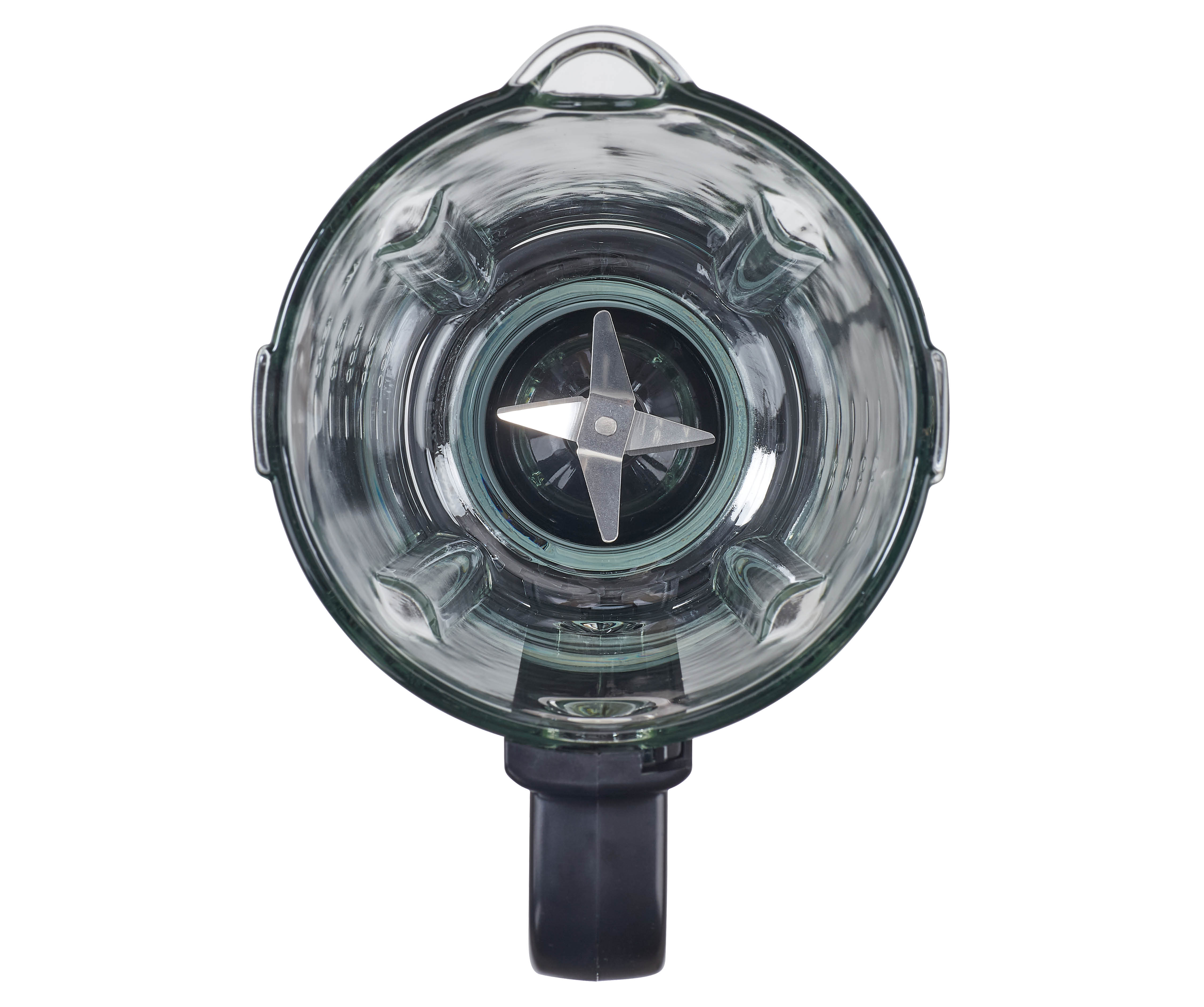 Top view of an empty glass blender with steel blades and a black handle.
