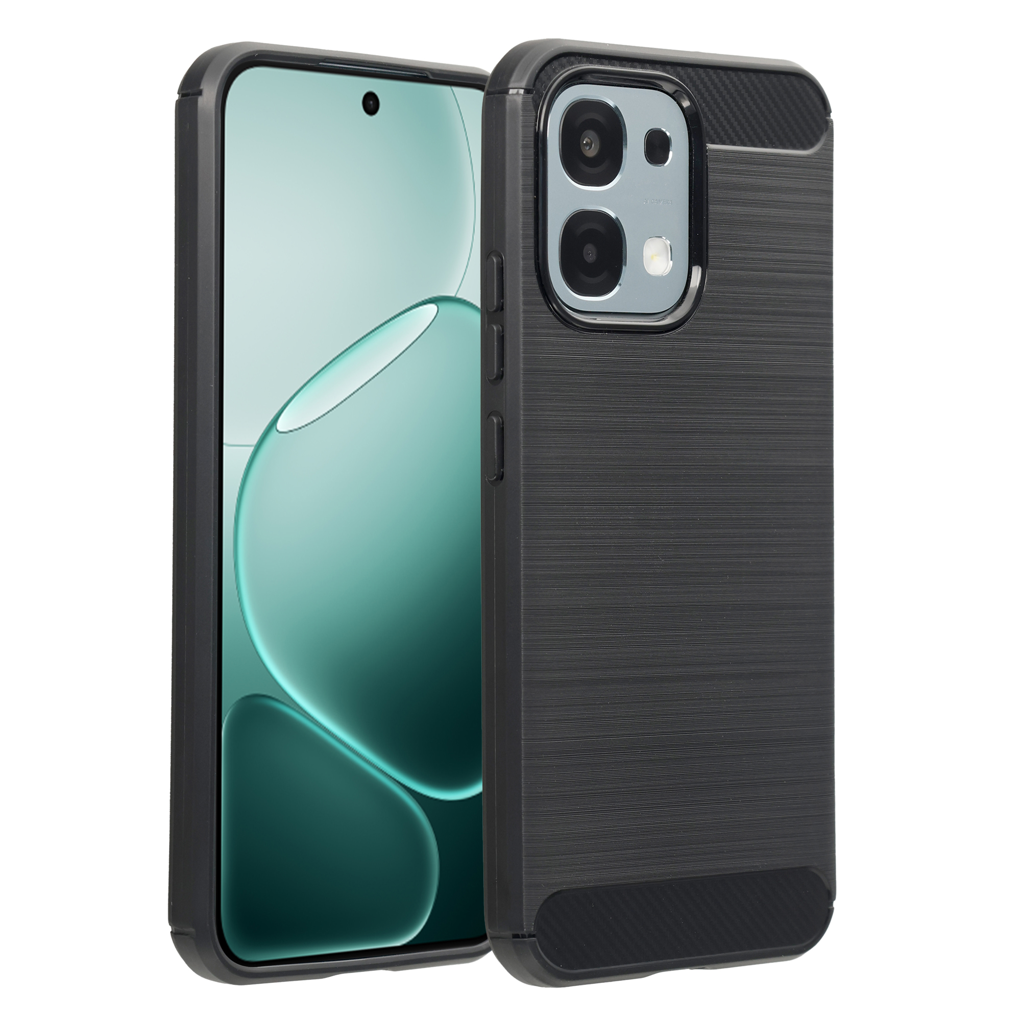 Een zwarte telefoon met camerasysteem aan de achterkant en een groene cirkelachtergrond.