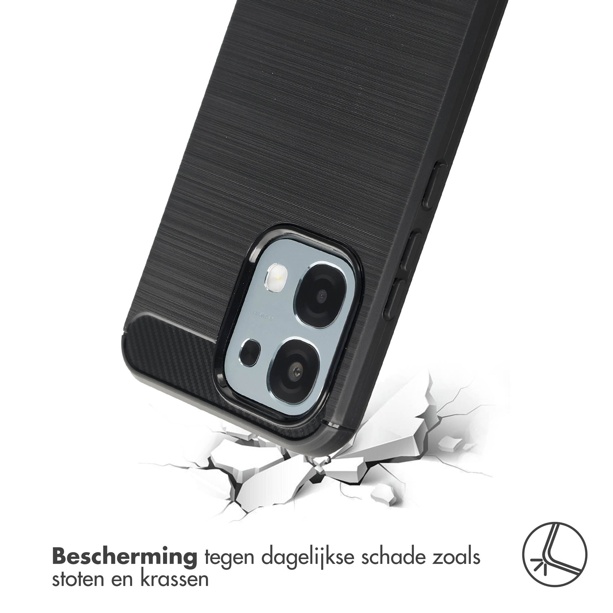 Zwarte telefoonhoes valt, breekt witte ondergrond. Bescherming.