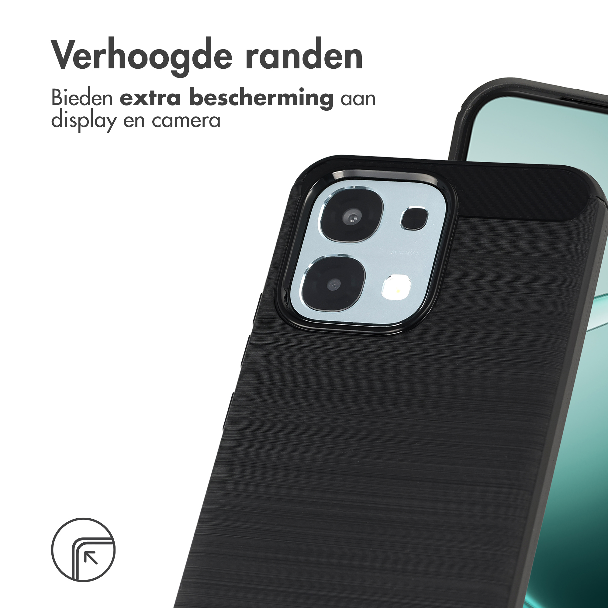Zwarte telefoonhoes met geborstelde textuur toont cameralenzen en tekst.