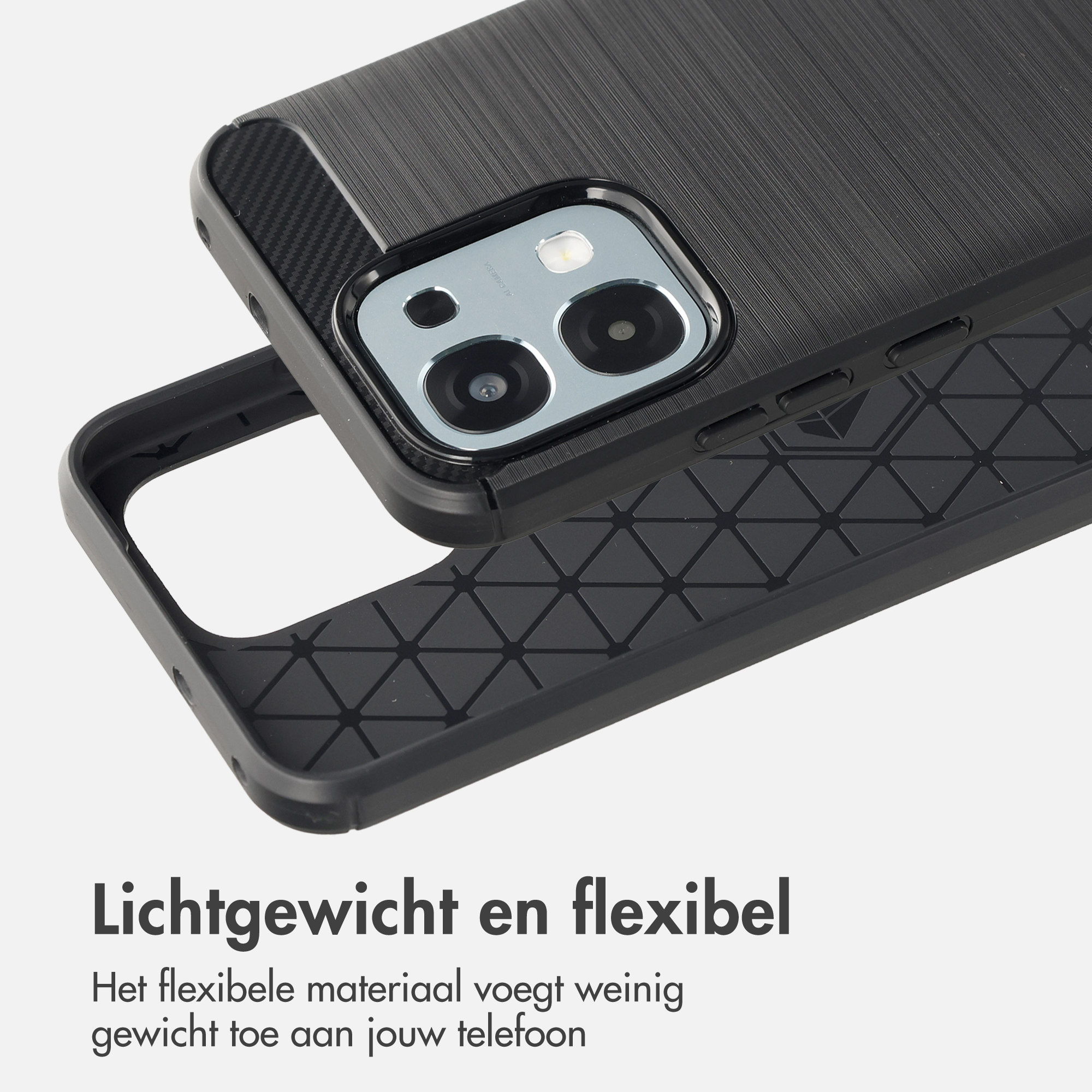 Zwarte telefoonhoes met camerabescherming en honingraatpatroon. Licht en flexibel.