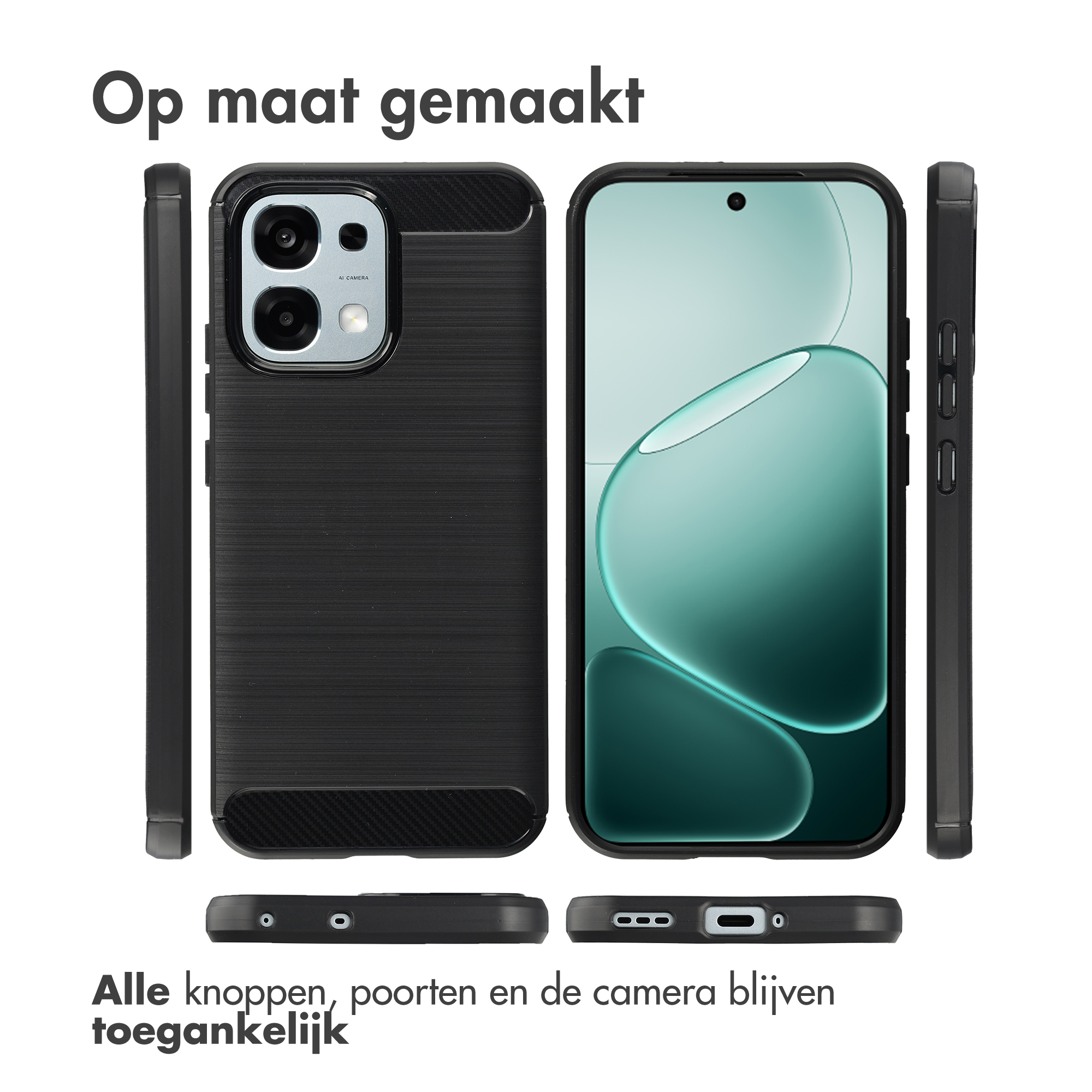 Zwarte telefoonhoes met camerasysteem en open scherm.