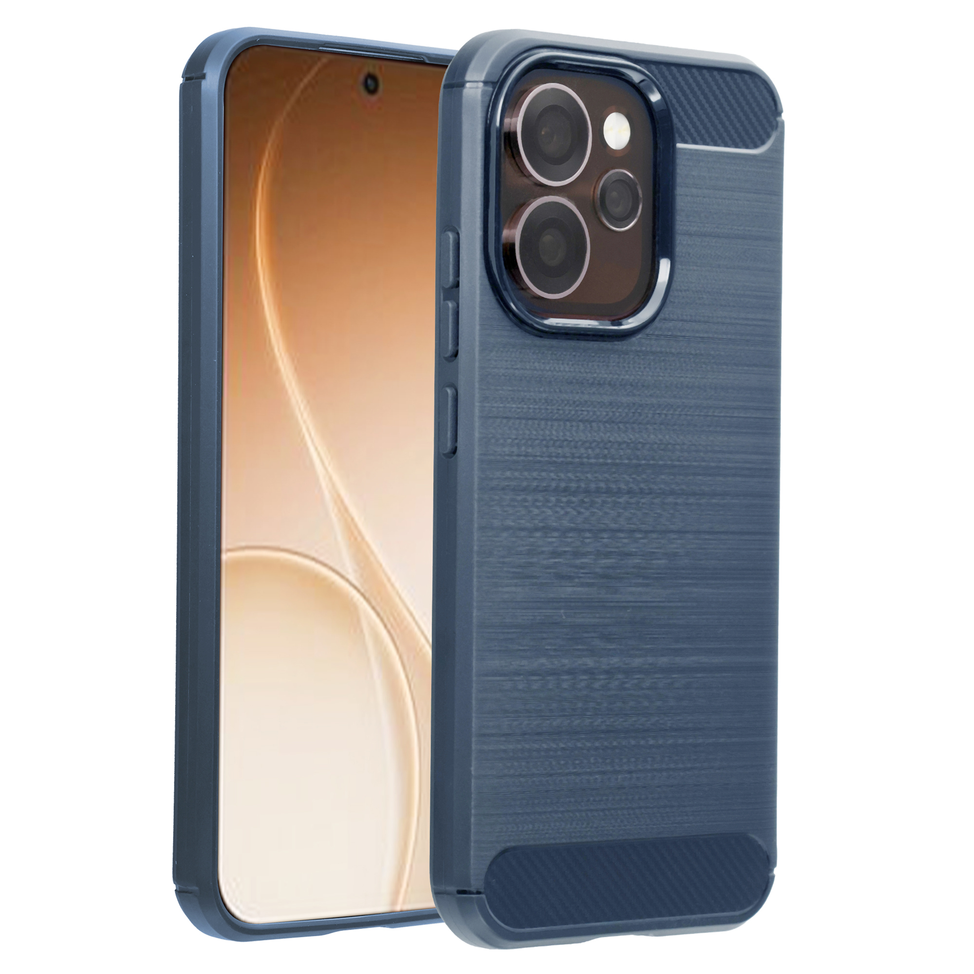 Une coque de téléphone bleu foncé avec protection caméra et finition texturée.