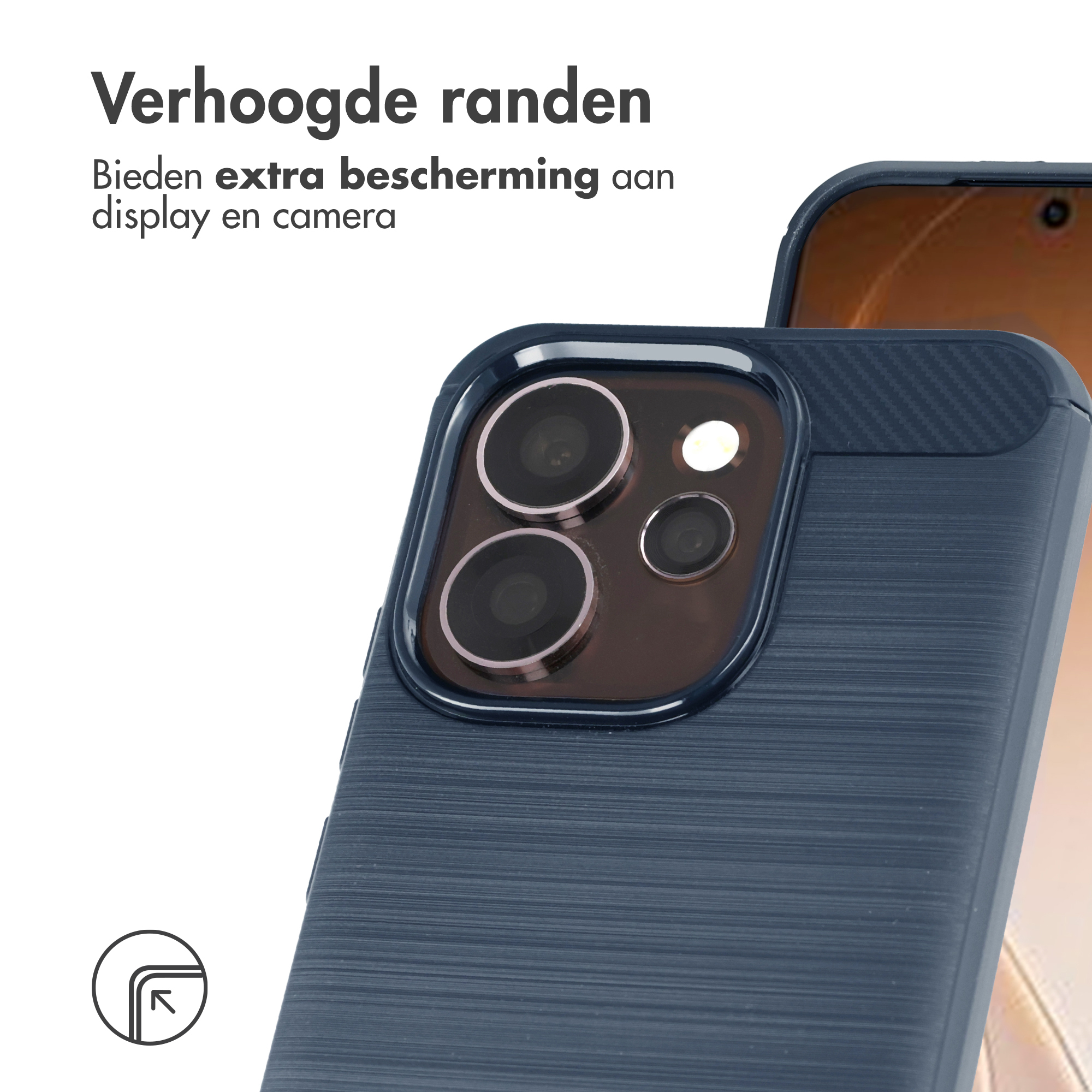 Coque de téléphone bleu foncé avec bords surélevés pour écran et caméra.