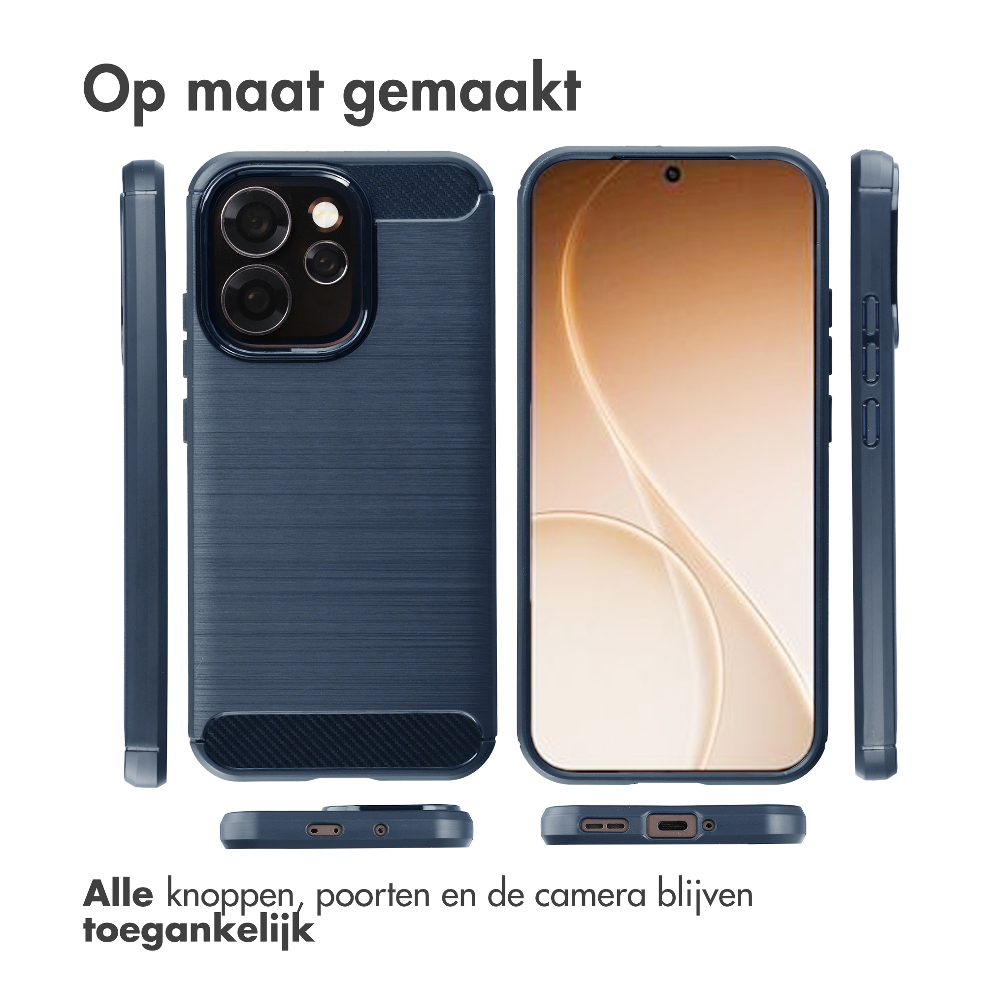Coque de téléphone bleu foncé vue de face, dos, côté, haut et bas.