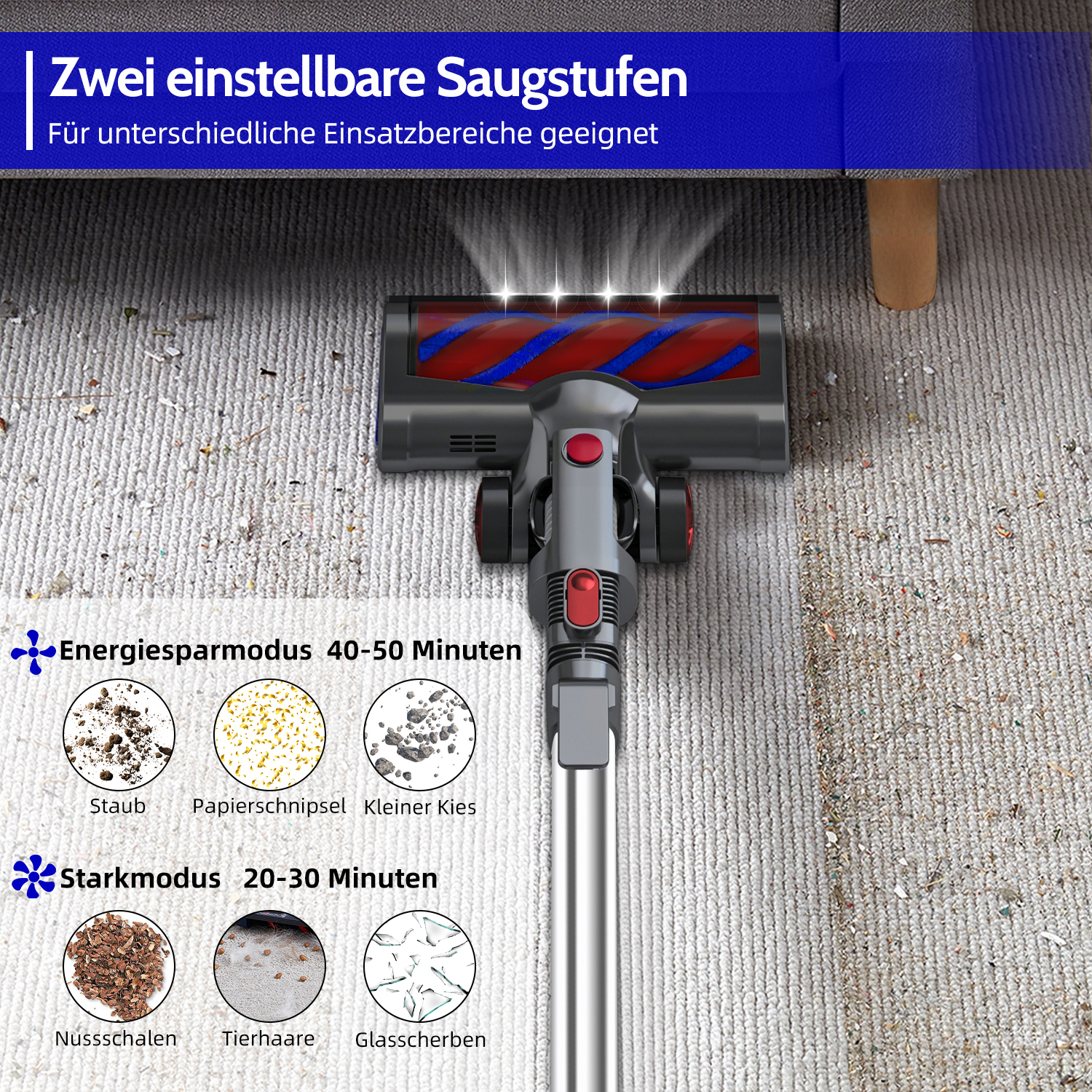 Staubsaugerreiniger auf einem Teppich, der Staub und Schmutz aufnimmt.
