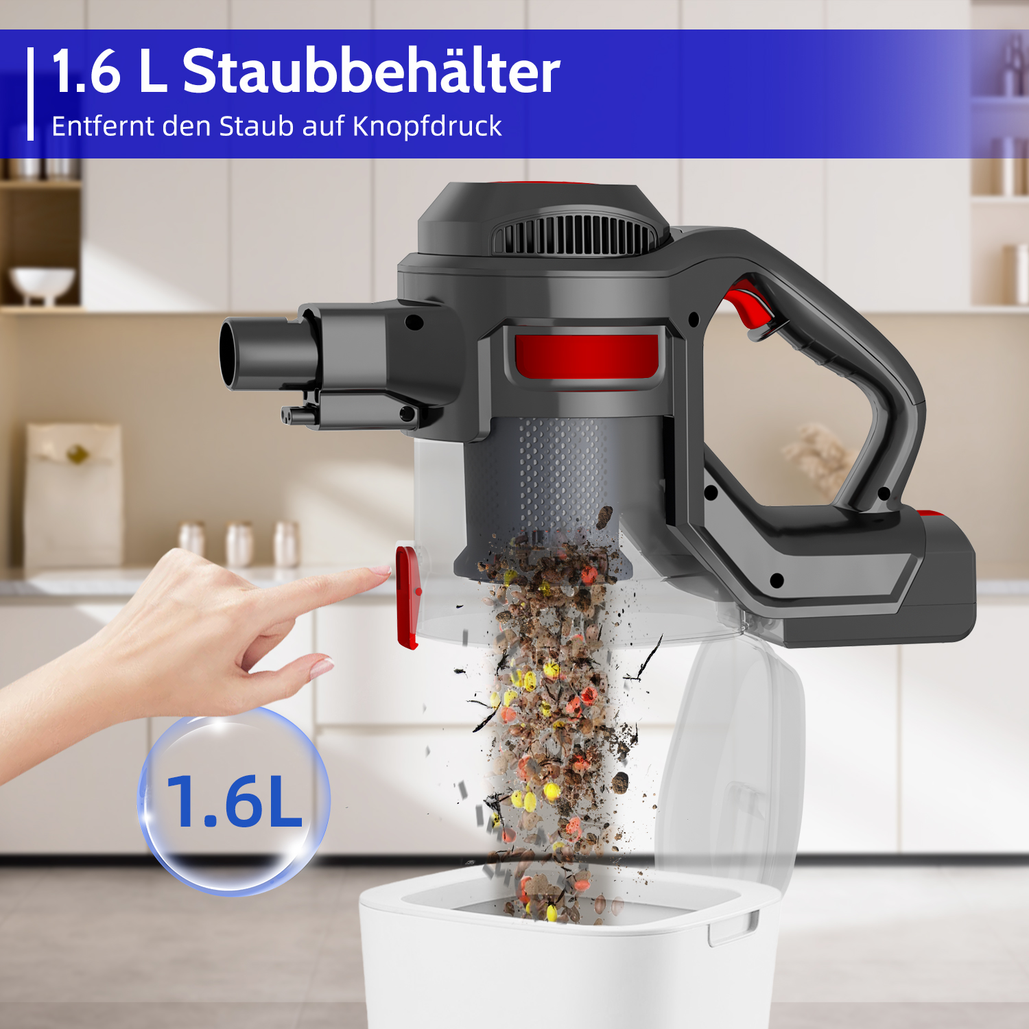 Hand leert Staub aus 1,6-Liter-Behälter in Mülleimer.