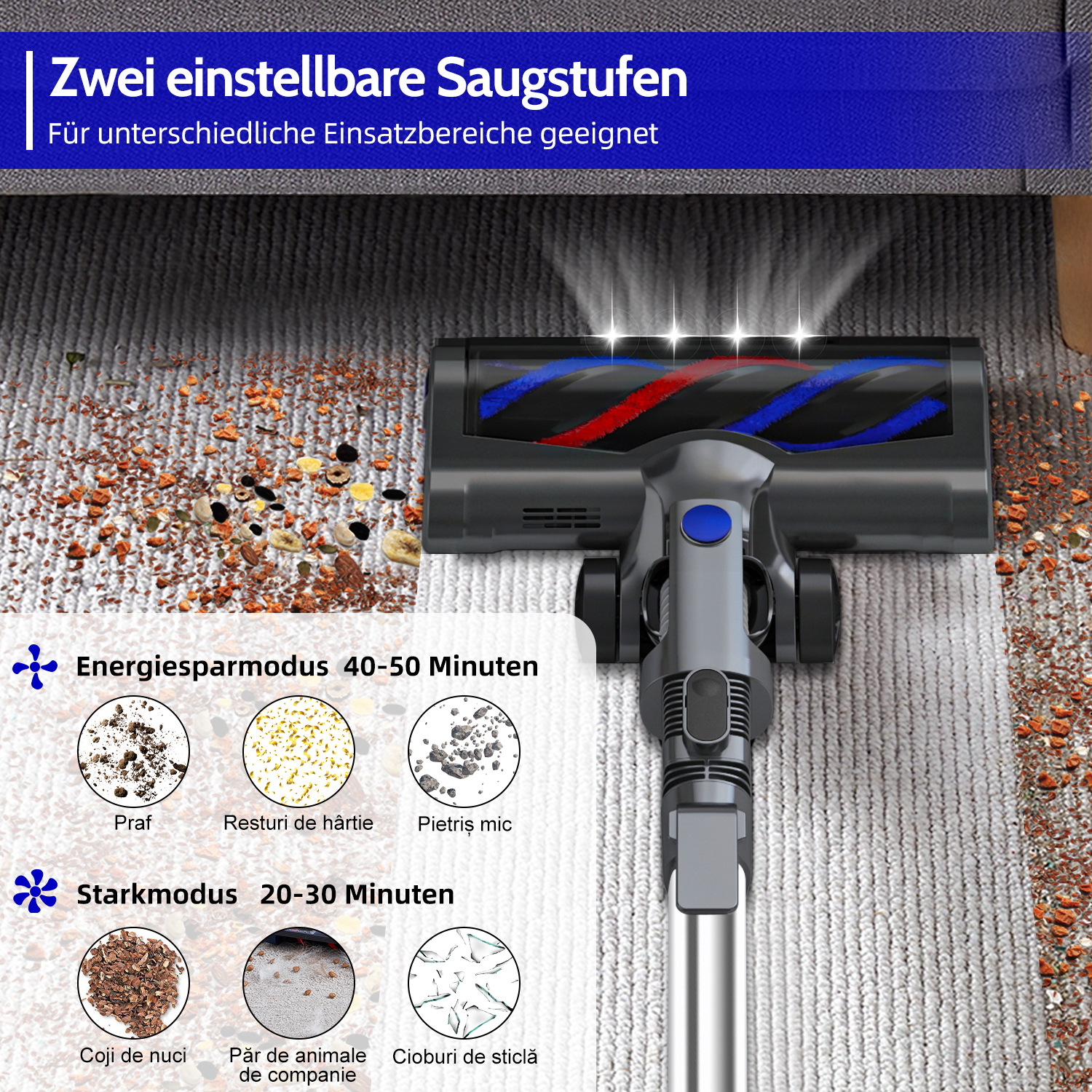 Staubsaugerbürste reinigt Teppich von Schmutz, Krümeln und Tierhaaren.