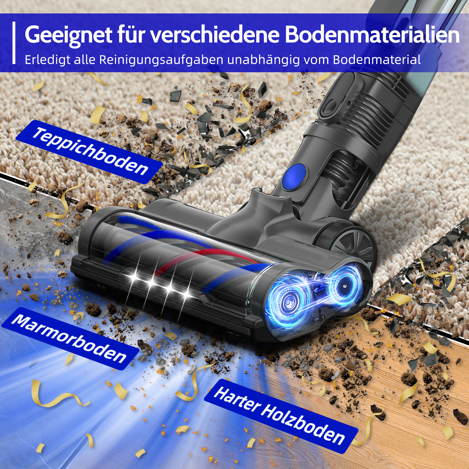 Staubsauger reinigt Teppich, Marmor und Holzboden mit Schmutzpartikeln.