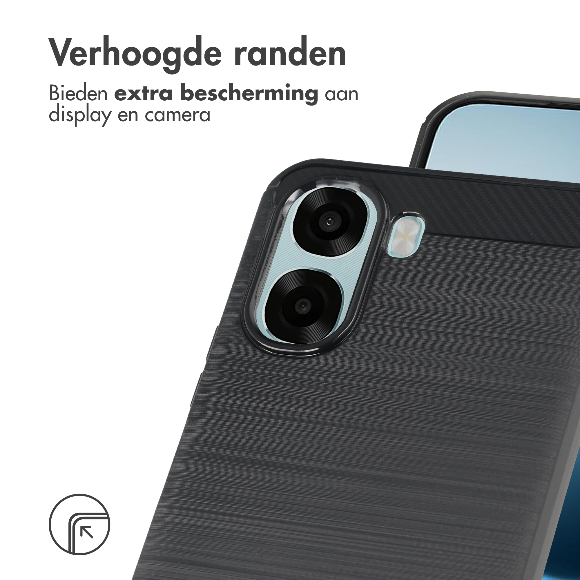 Custodia nera per telefono con doppia fotocamera e testo.