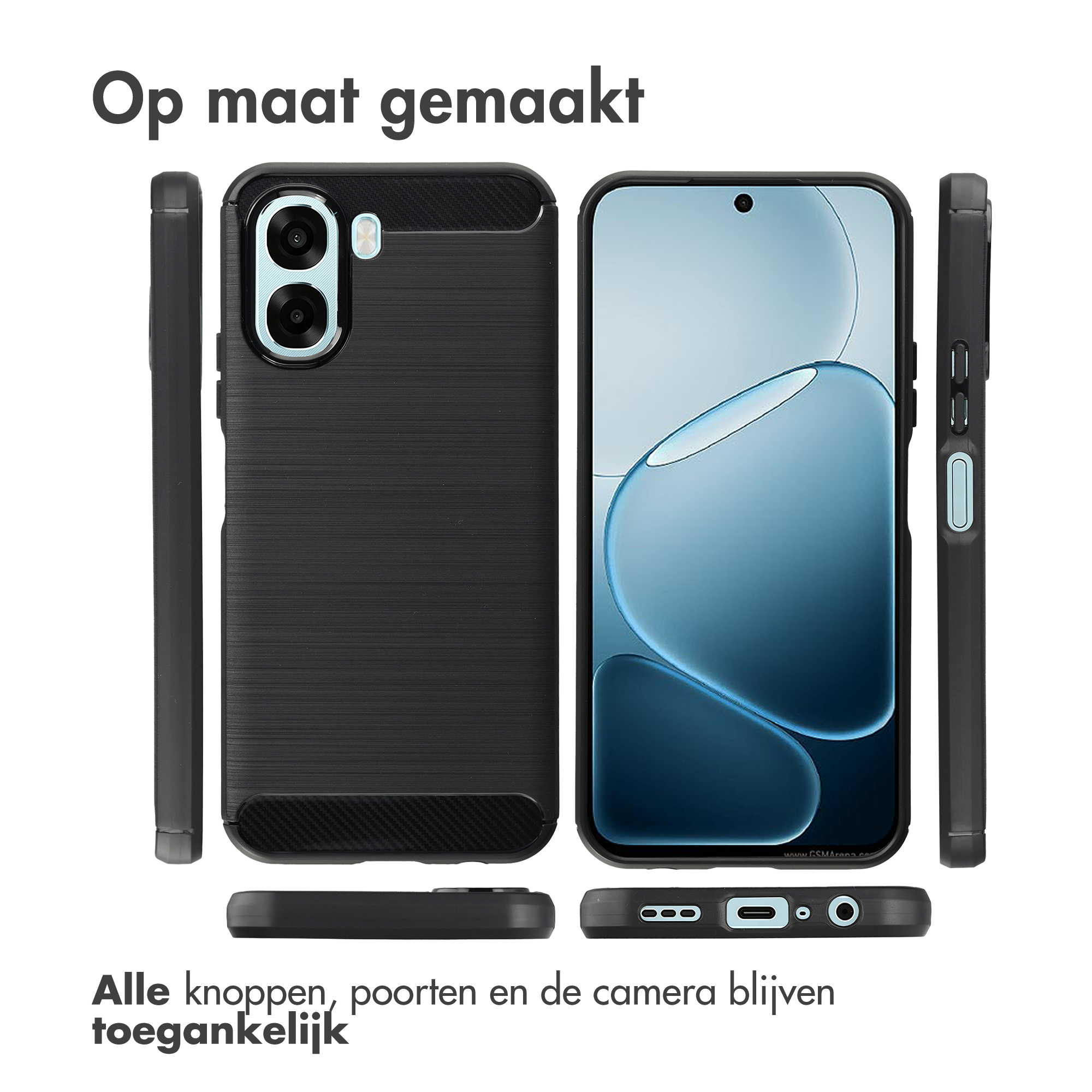 Cover nera per telefono mostrata da diverse angolazioni, con fotocamere e schermo.