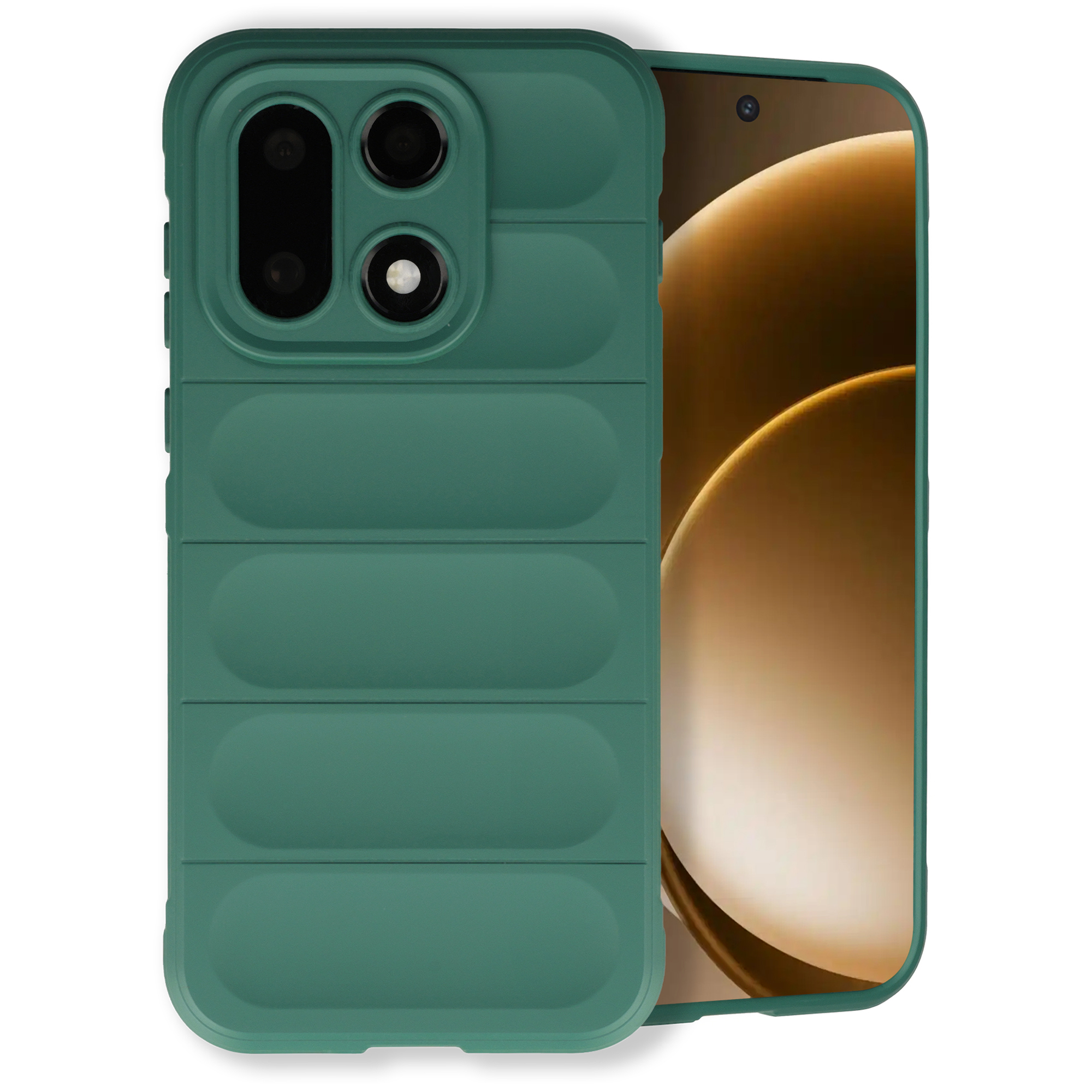 Groene telefoonhoes met horizontale ribbels en cameramodule. Lichte achtergrond.