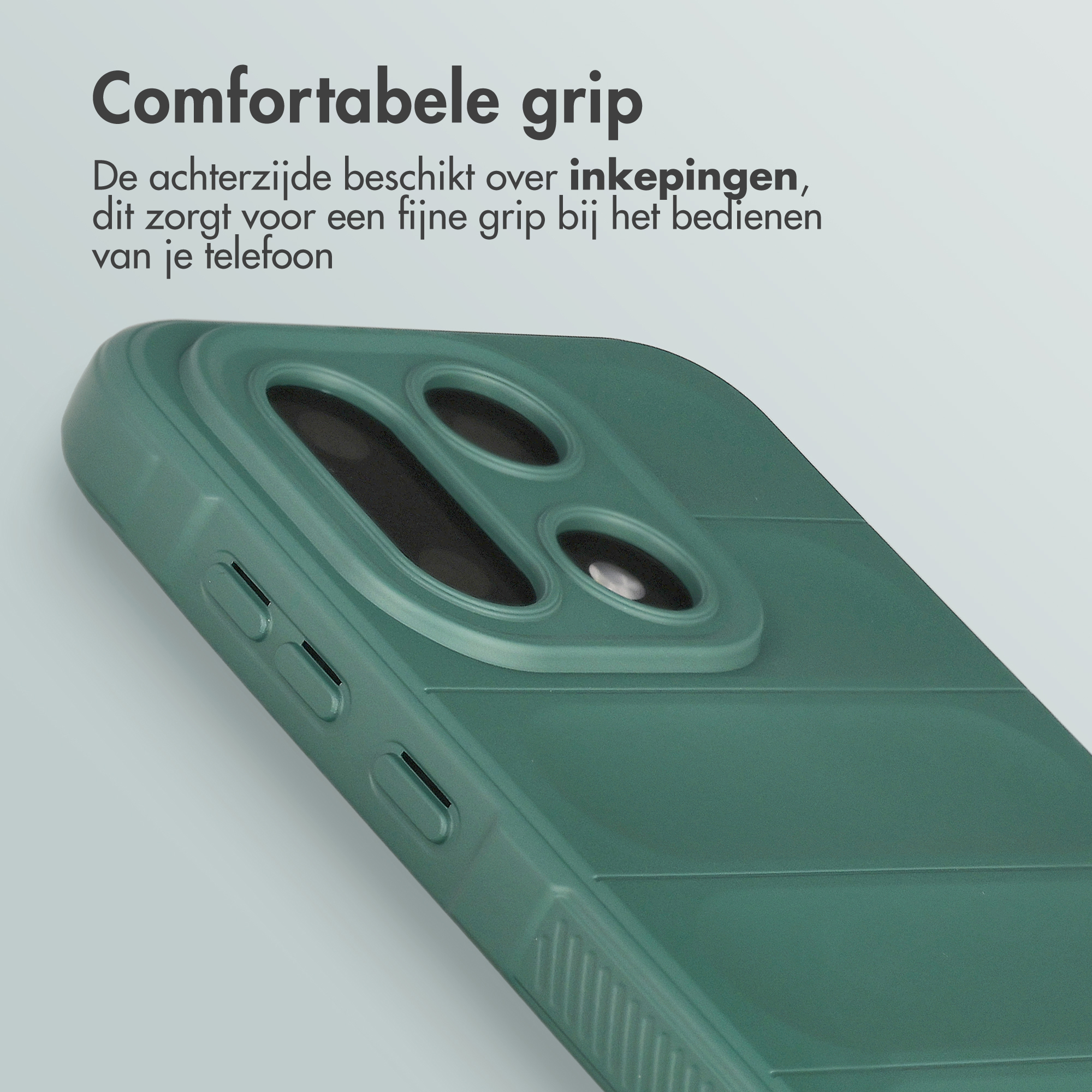 Groene telefoonhoes met camera-uitsparingen en knoppen.