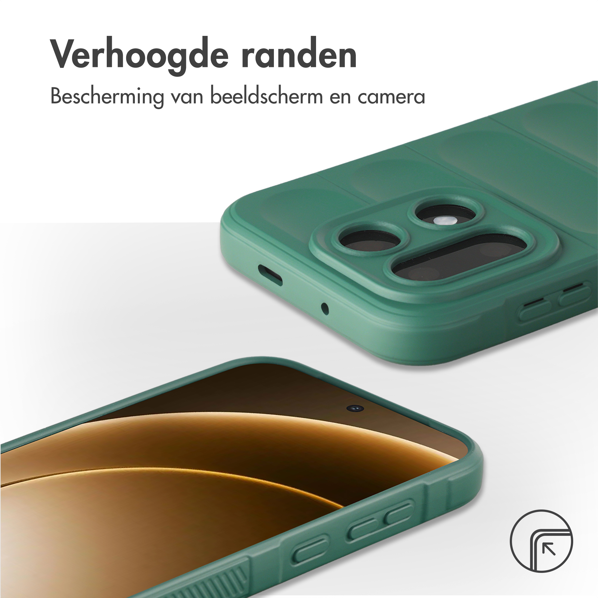 Groene telefoonhoes met verhoogde randen ter bescherming van scherm en camera.