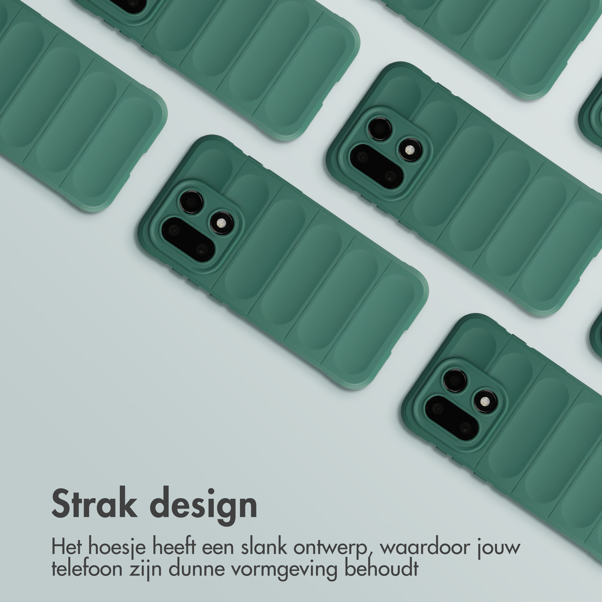 Meerdere groene telefoonhoesjes met ribbeldesign.