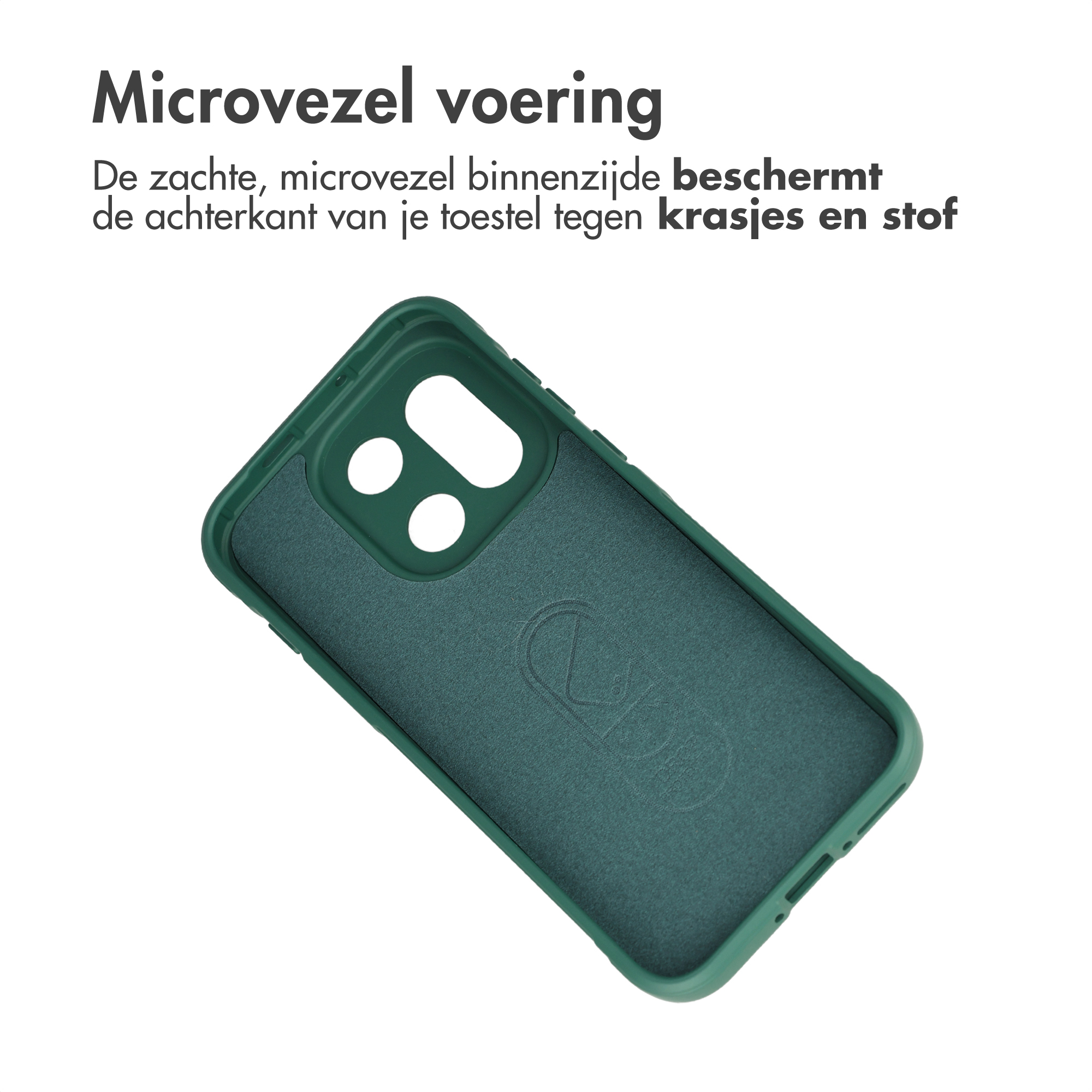 Donkergroene telefoonhoes met microvezel voering en cameragat.