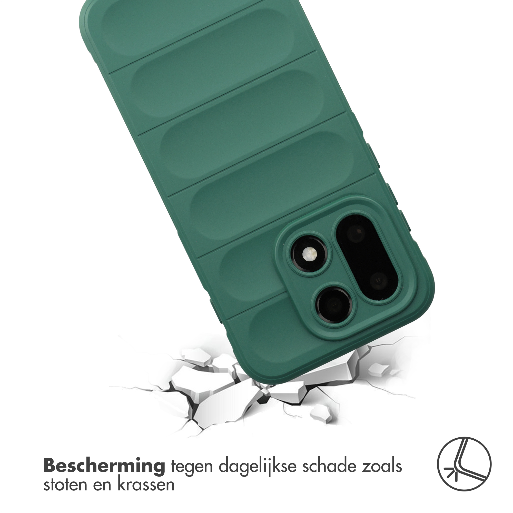 Groene ribbel telefoonhoes valt op gebarsten wit oppervlak.