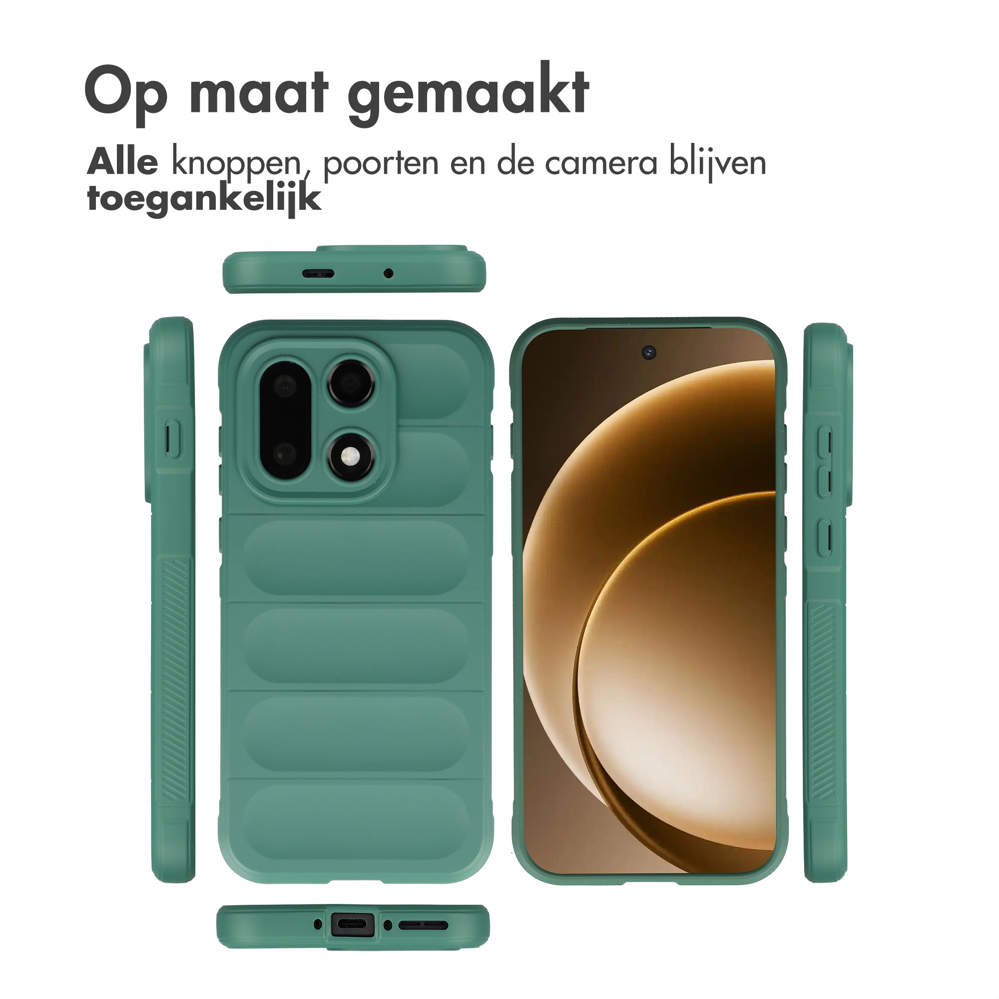 Groene gewatteerde telefoonhoes, voor-, achter- en zijaanzichten.