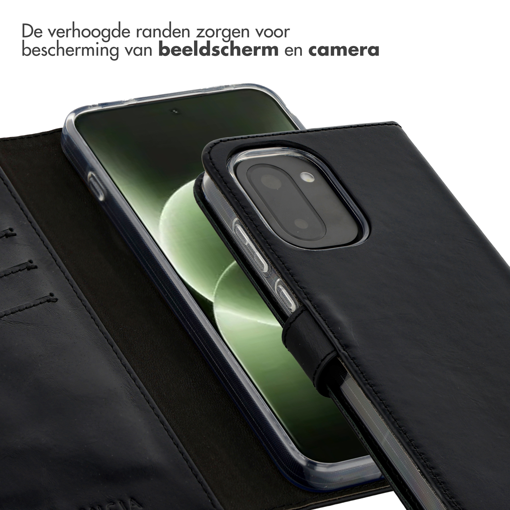 Custodia a libro in pelle nera per smartphone con patta aperta che mostra il display.
