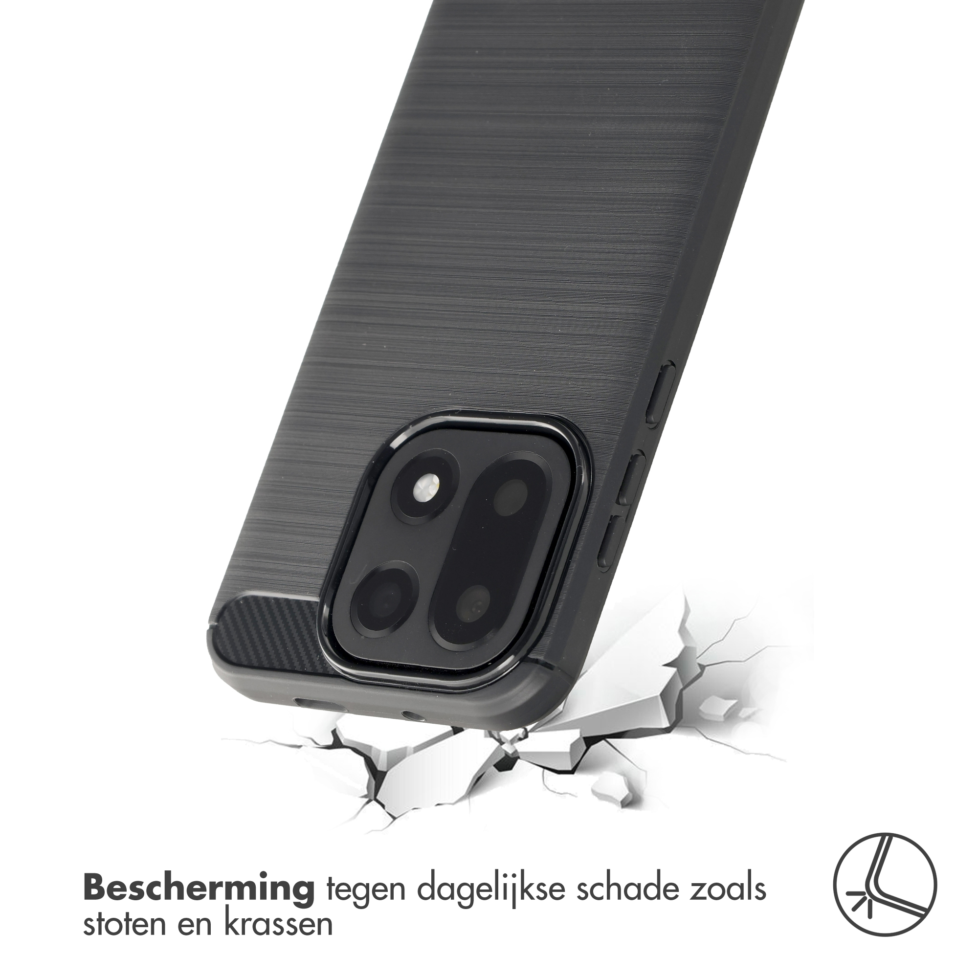Cover nera per telefono che cade su schegge bianche.