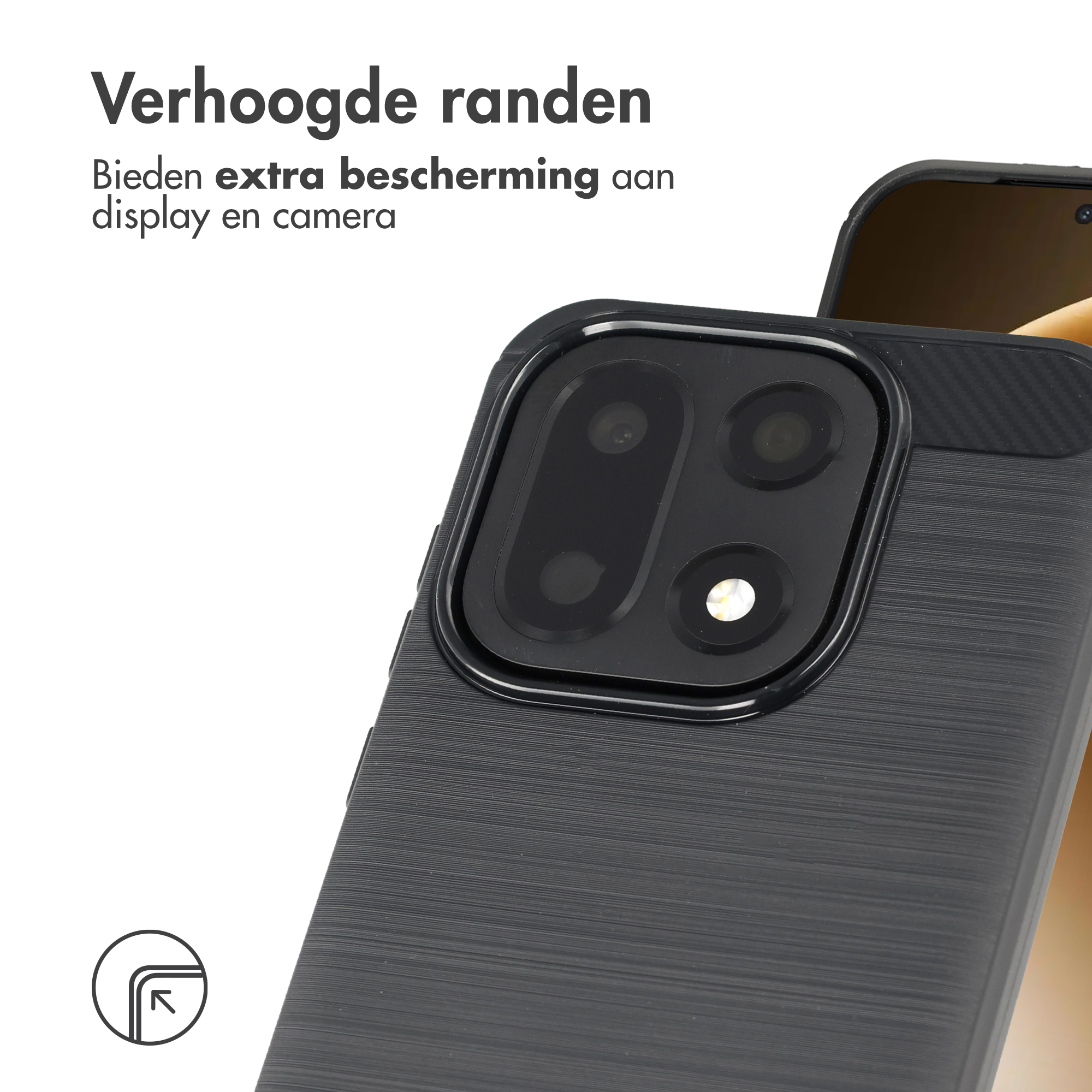 Custodia nera per telefono con bordi rialzati per fotocamera e display.