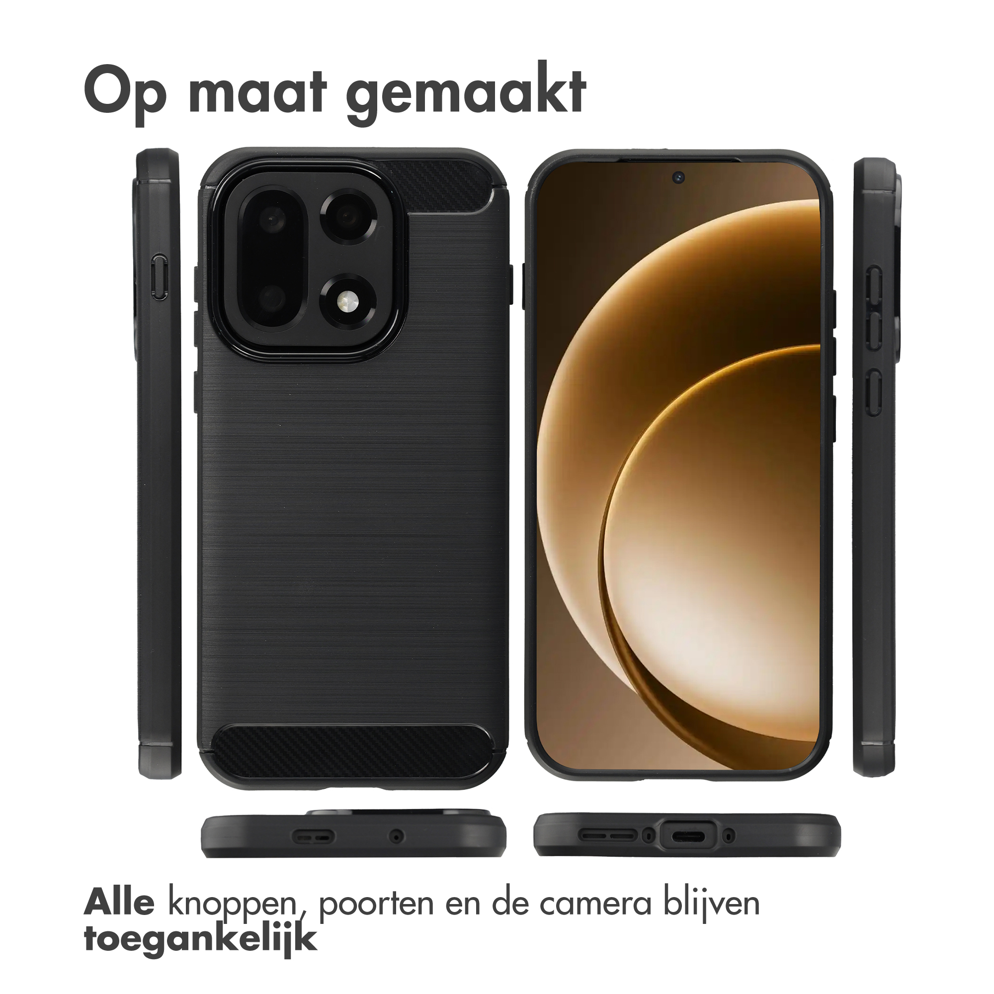 Custodia nera per telefono con protezione fotocamera e viste laterali.