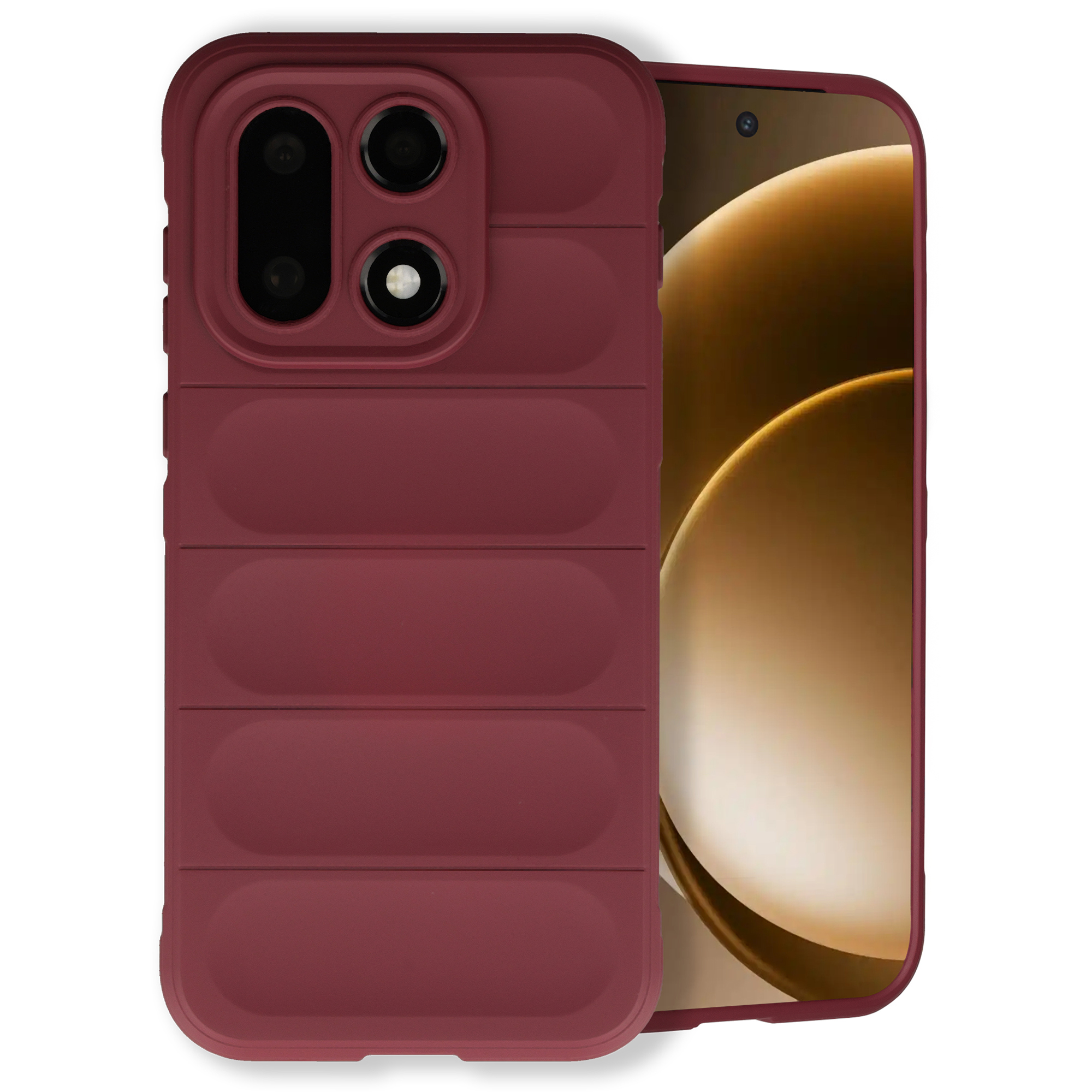 Rode telefoonhoes met camerabescherming en deel van een gouden scherm.