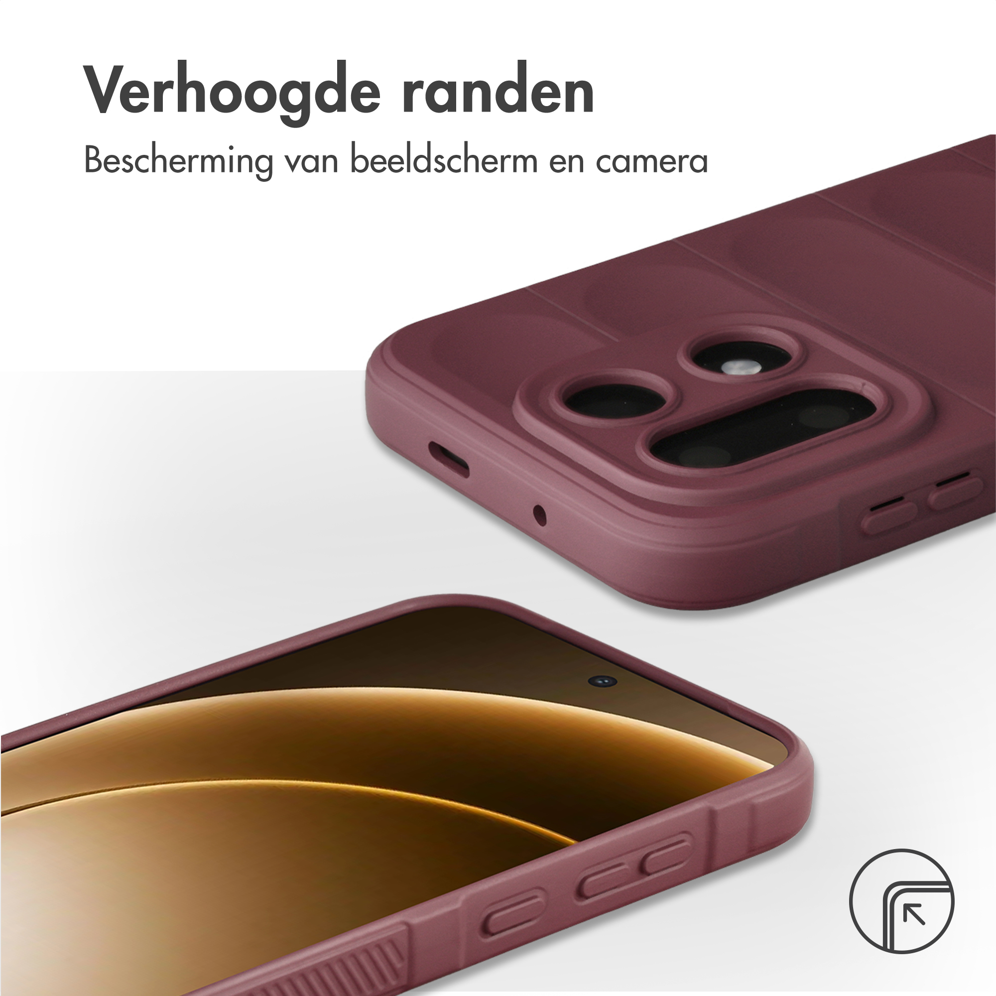 Een bordeaux telefoonhoes met verhoogde randen beschermt scherm en camera.