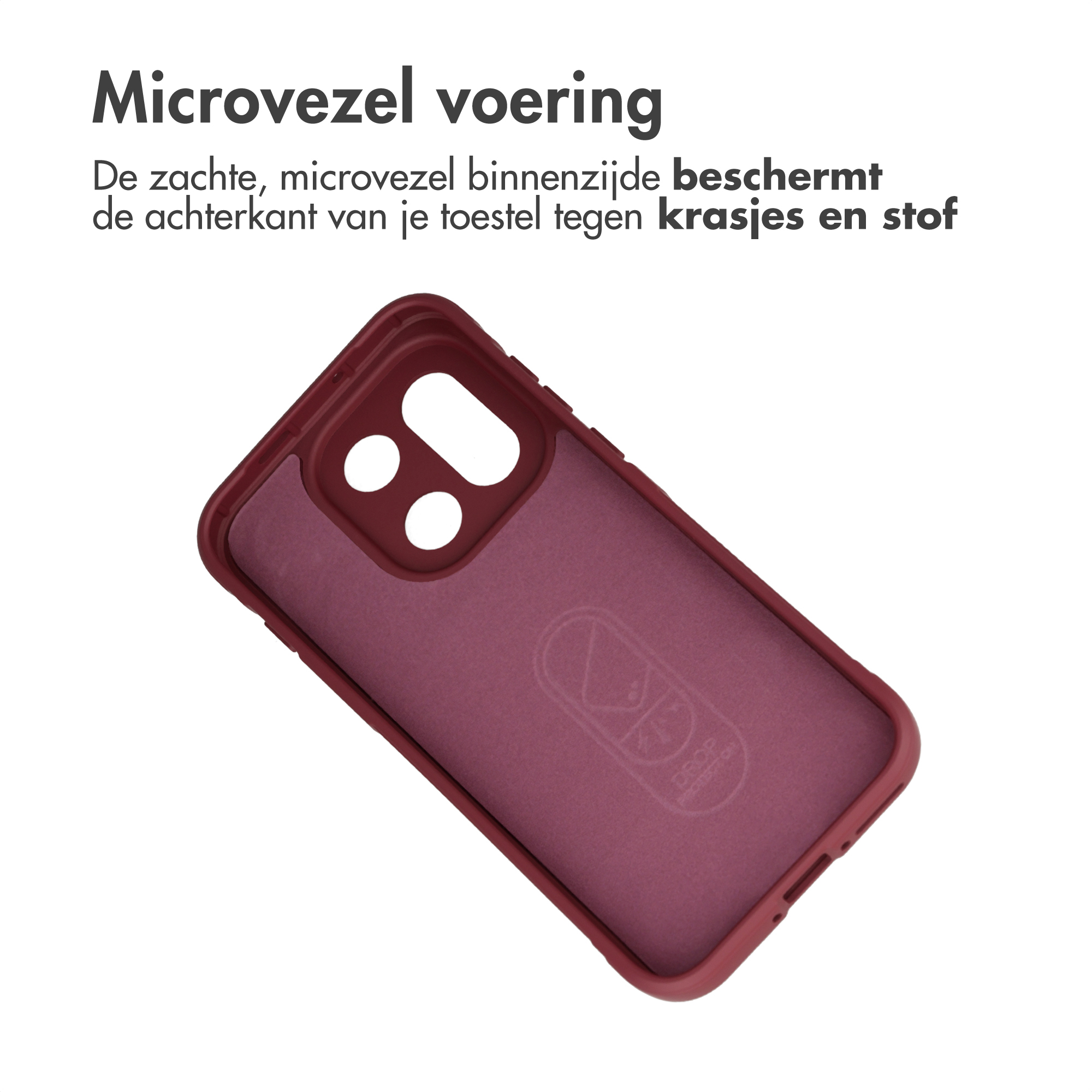Rode telefoonhoes met microvezel voering en camera-uitsparingen.