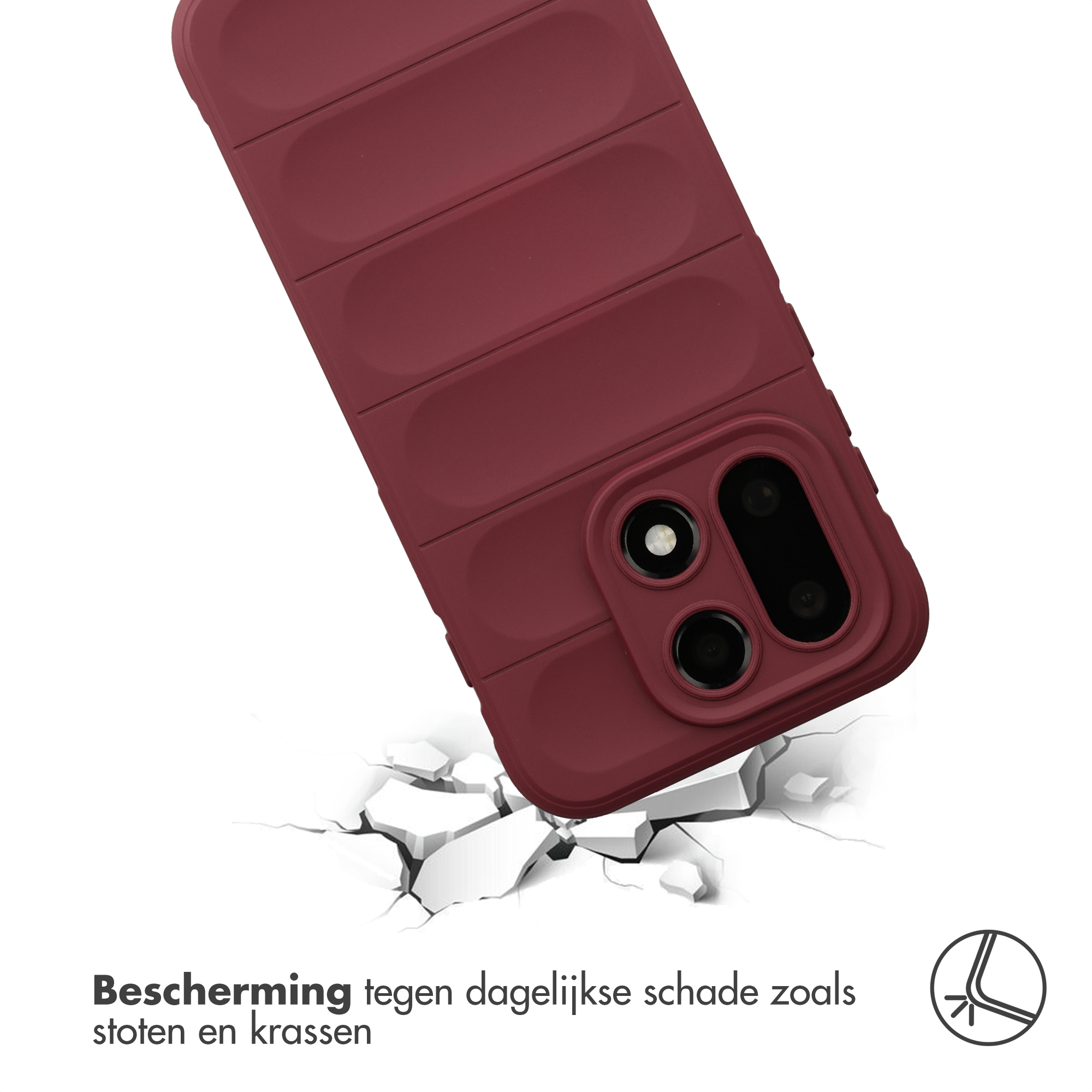 Wijnrode telefoonhoes met ribbelpatroon op gebroken ondergrond.
