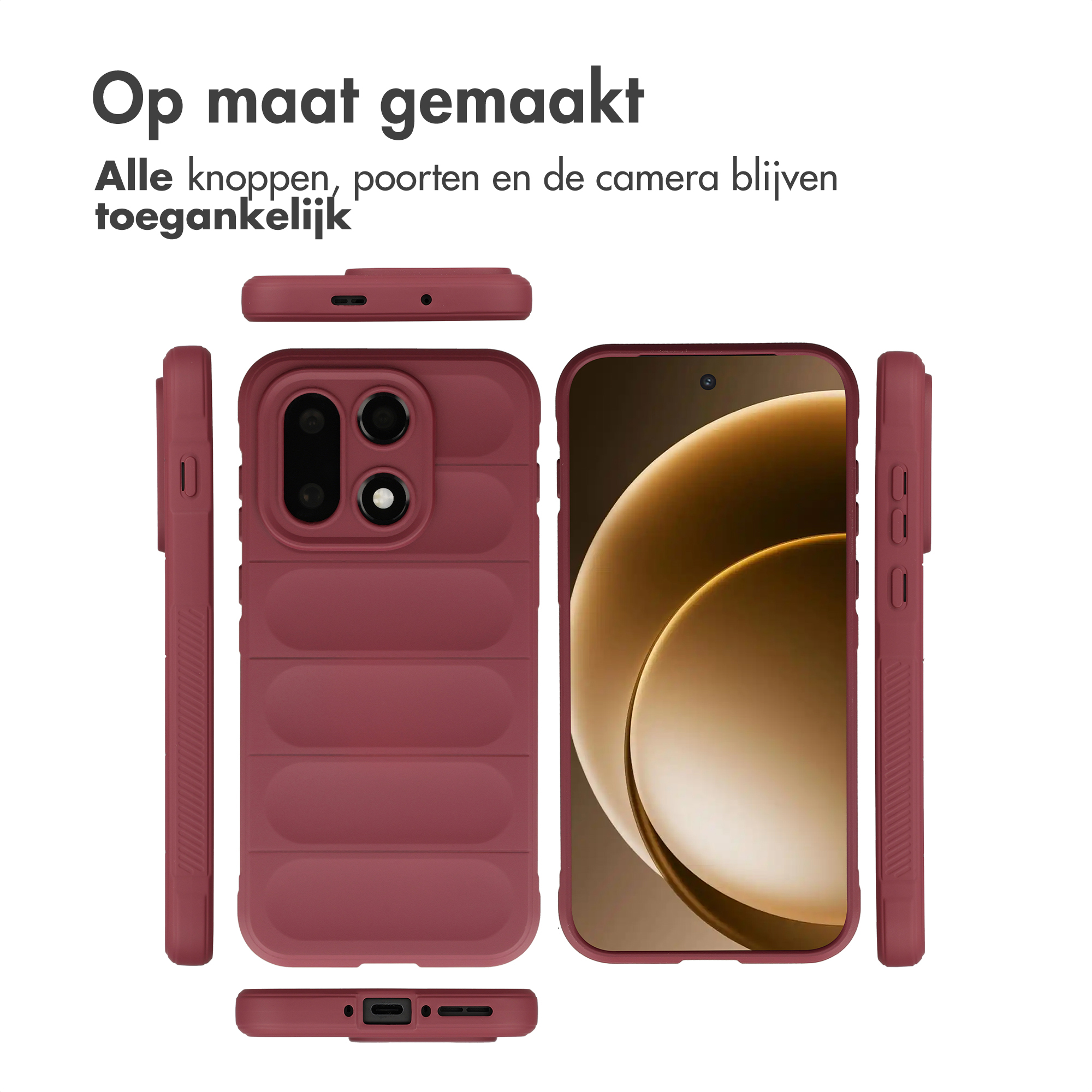Een bordeauxrode telefoonhoes wordt vanuit meerdere hoeken getoond.