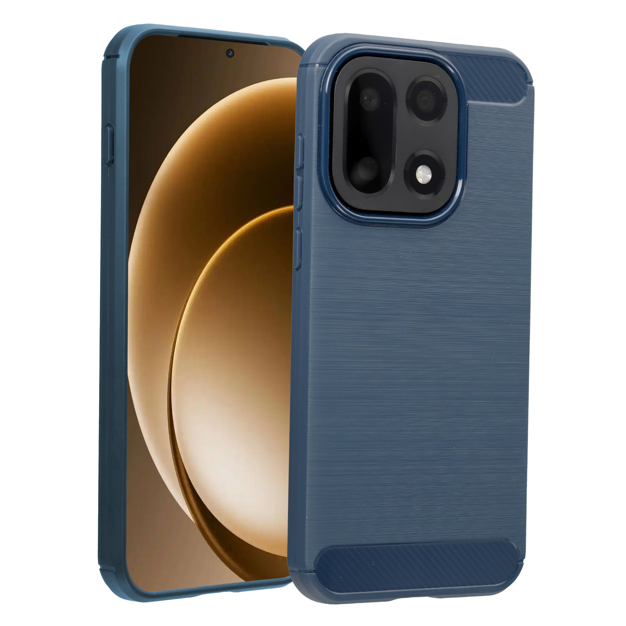 Un telefono blu con retro a tripla fotocamera, finitura testurizzata.