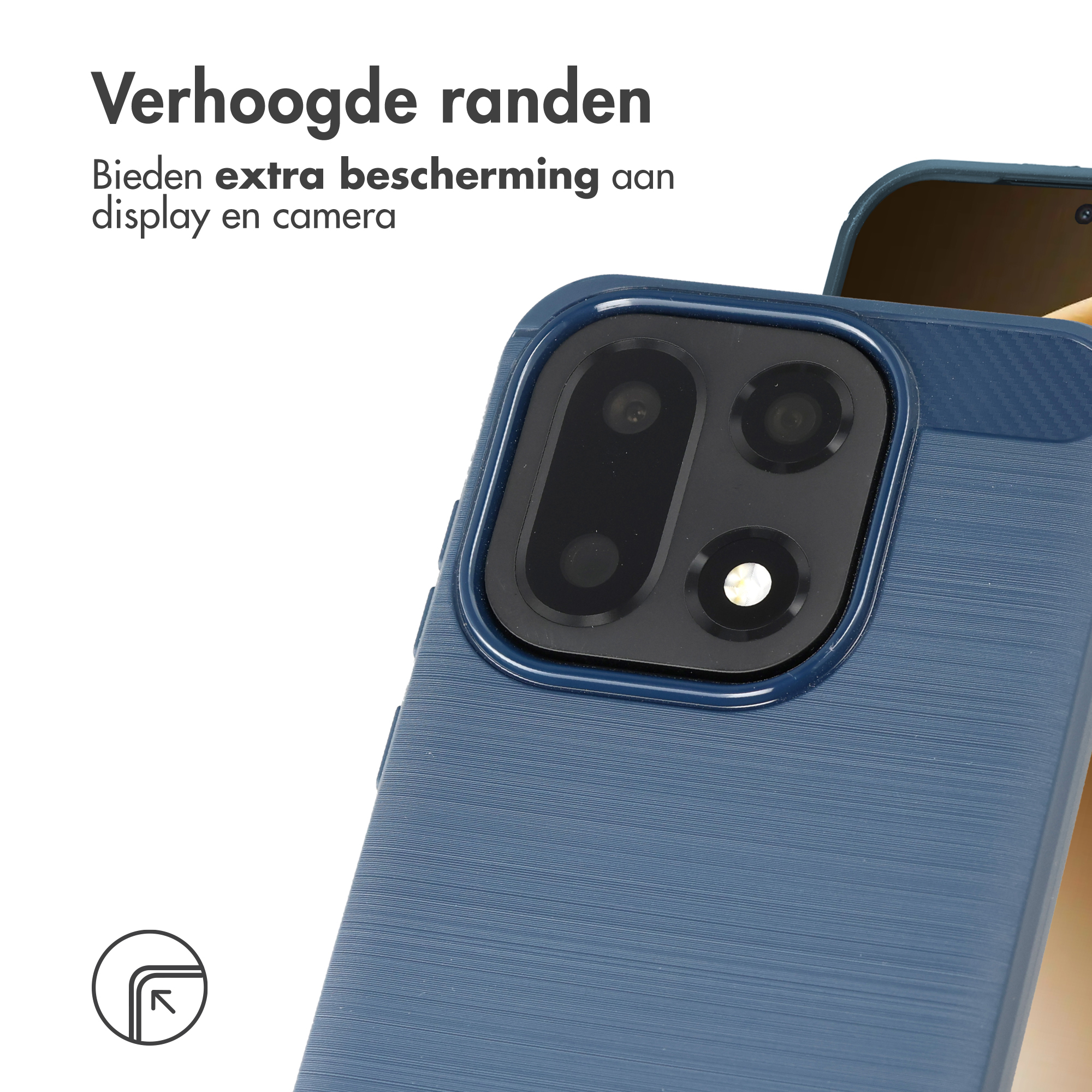 Custodia blu per telefono con ritaglio fotocamera e bordi rialzati.