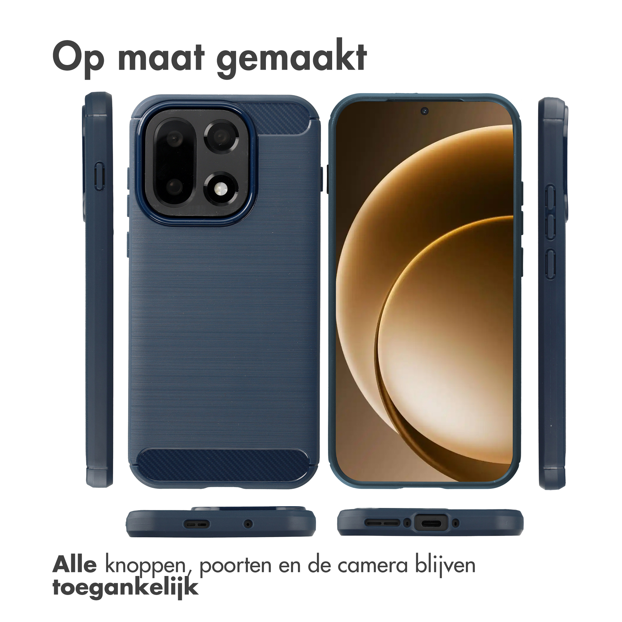 Tre viste di una custodia per telefono blu scuro: frontale con fotocamera, retro e laterale.