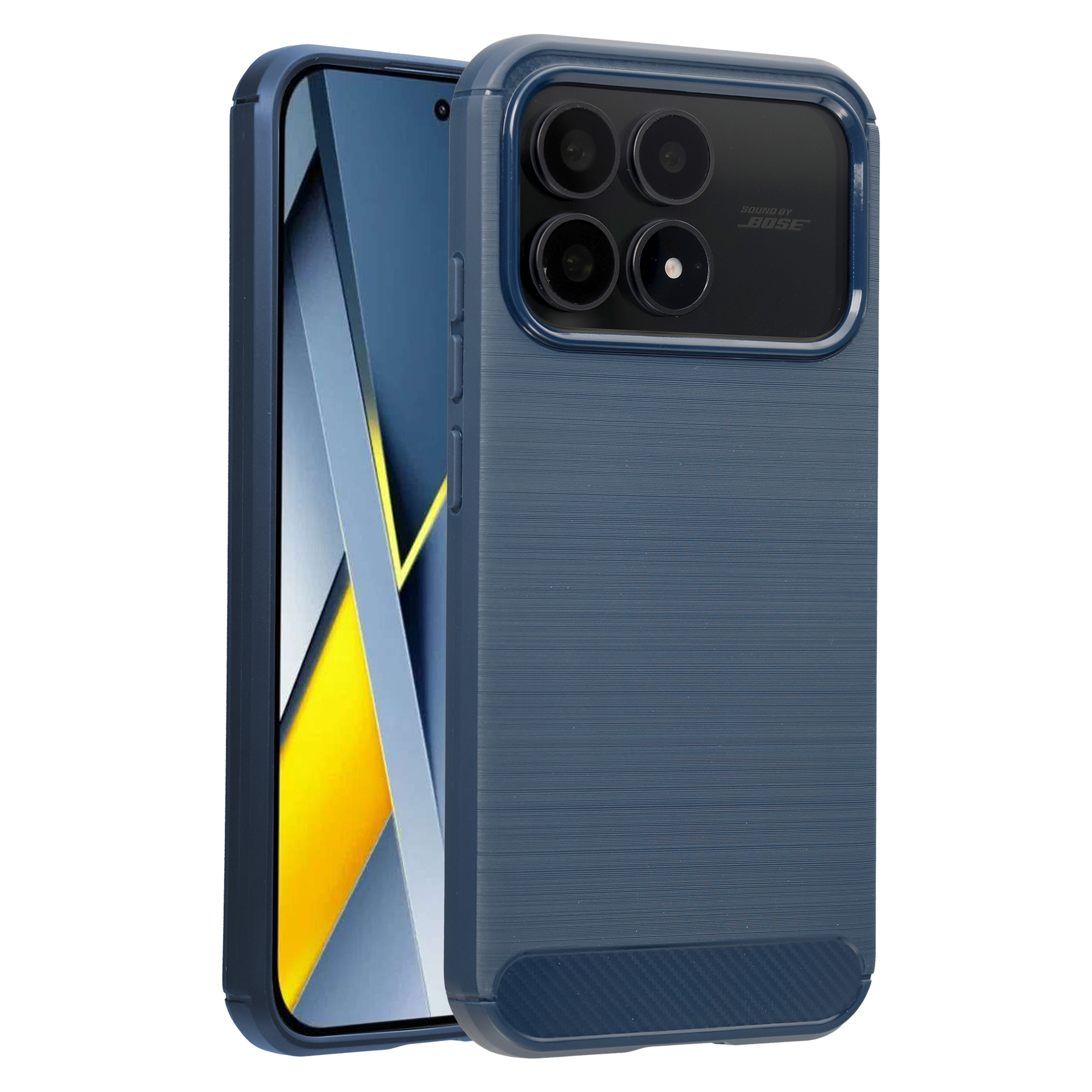 Une coque de téléphone bleue avec quatre caméras et un fond stylisé.