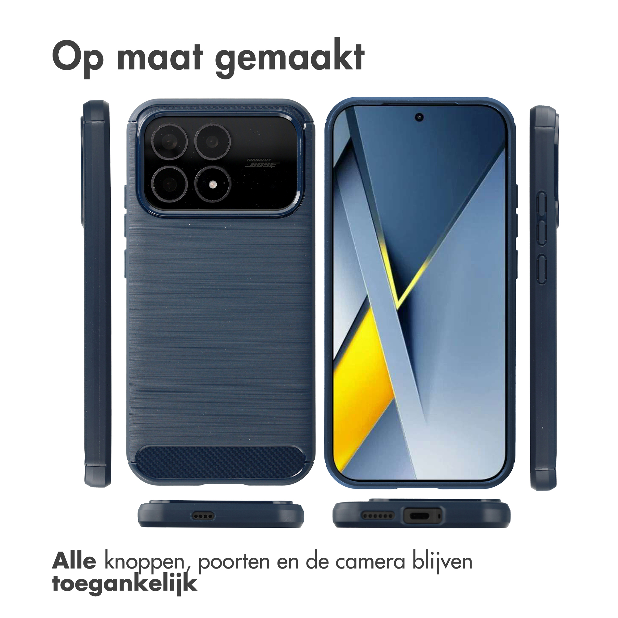 Trois vues d'une coque de téléphone bleu foncé avec découpe caméra et texture.