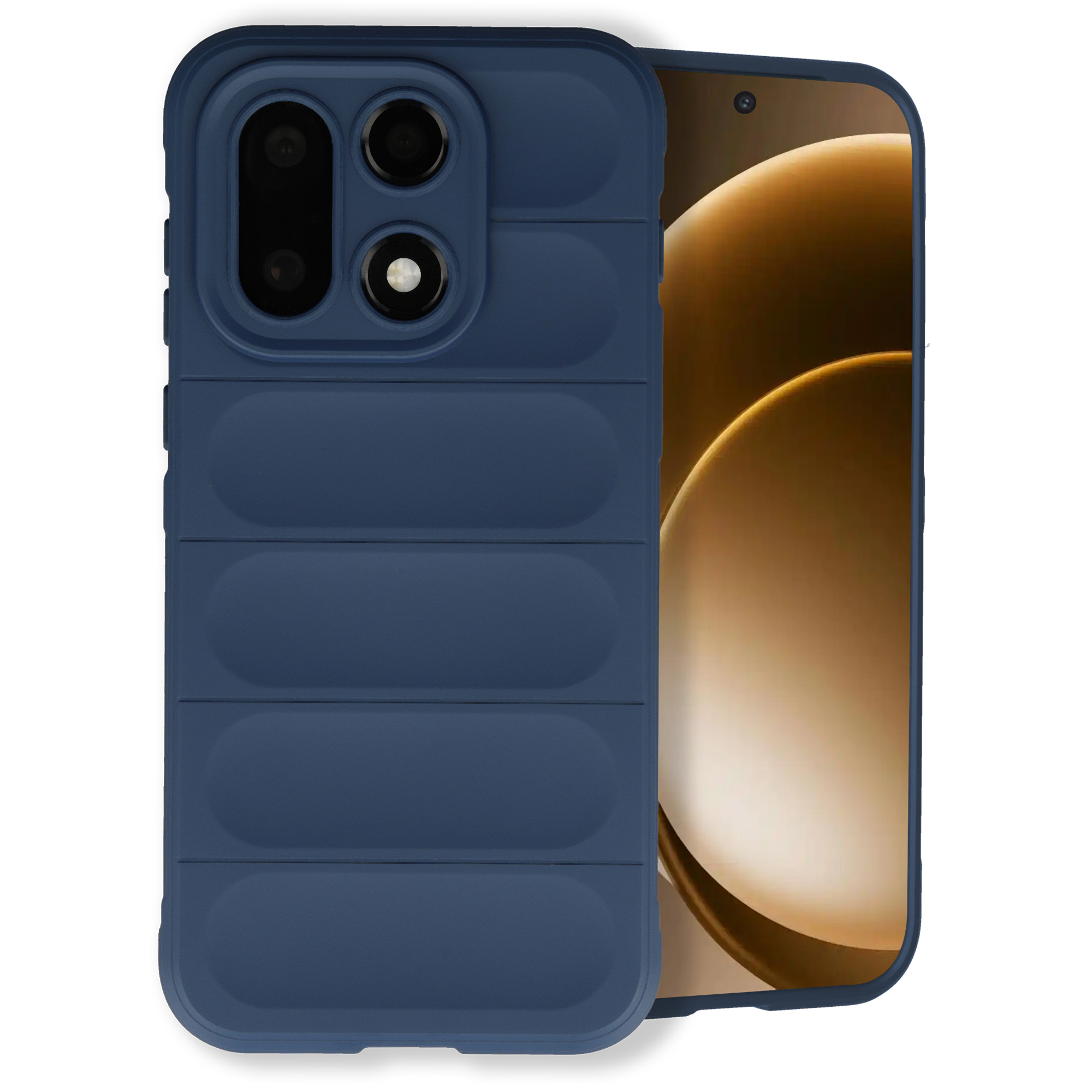 Donkerblauwe telefoonhoes met ribbelpatroon voor een smartphone met gouden achtergrond.