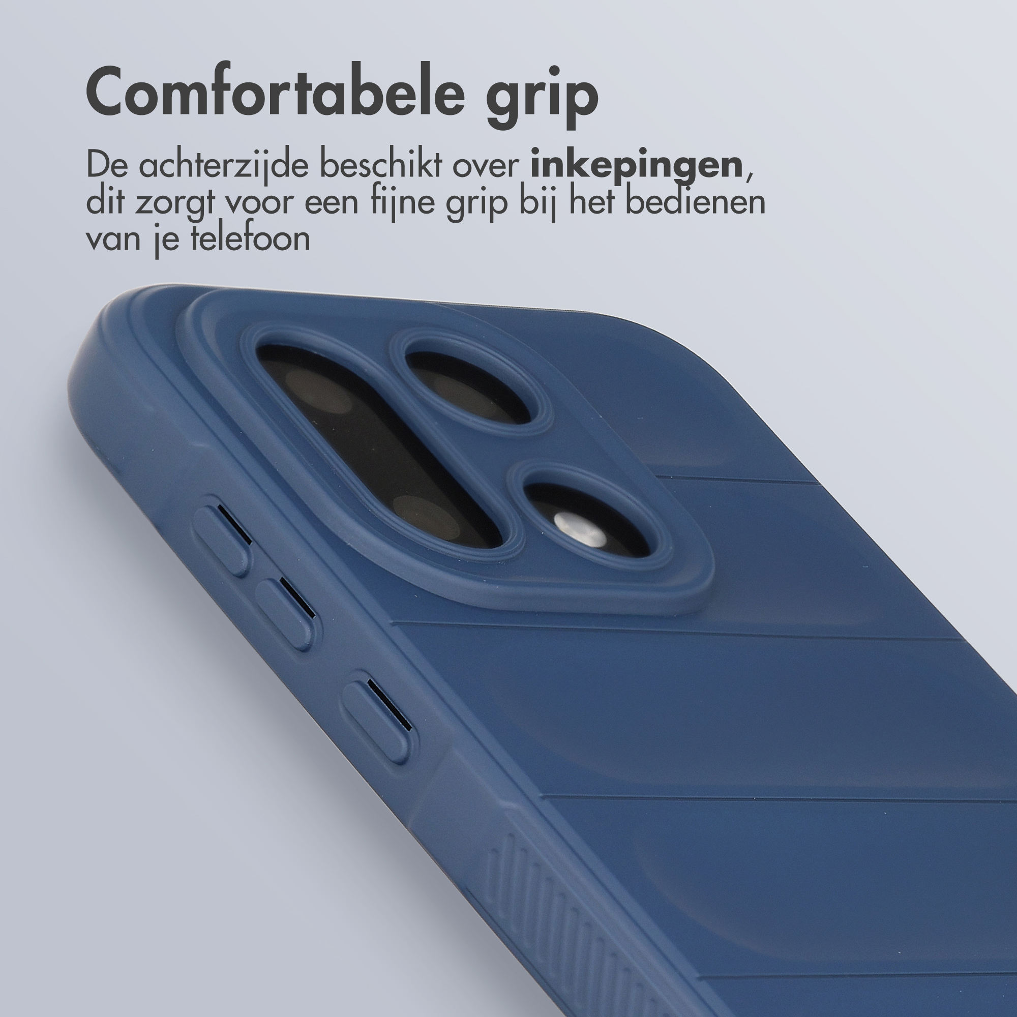 Donkerblauwe telefoonhoes met inkepingen voor comfortabele grip.