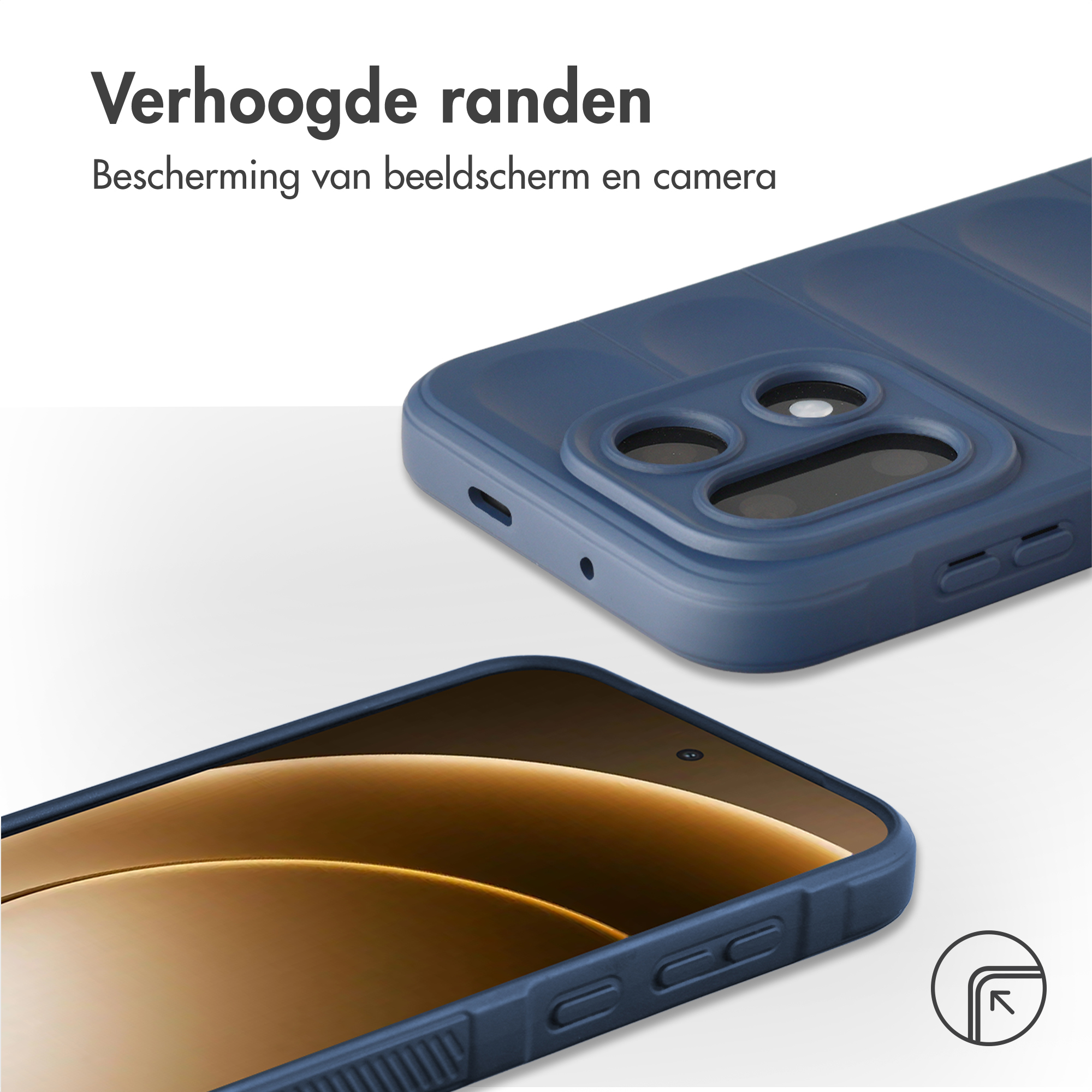 Blauw telefoonhoesje met verhoogde randen rond camera en scherm.