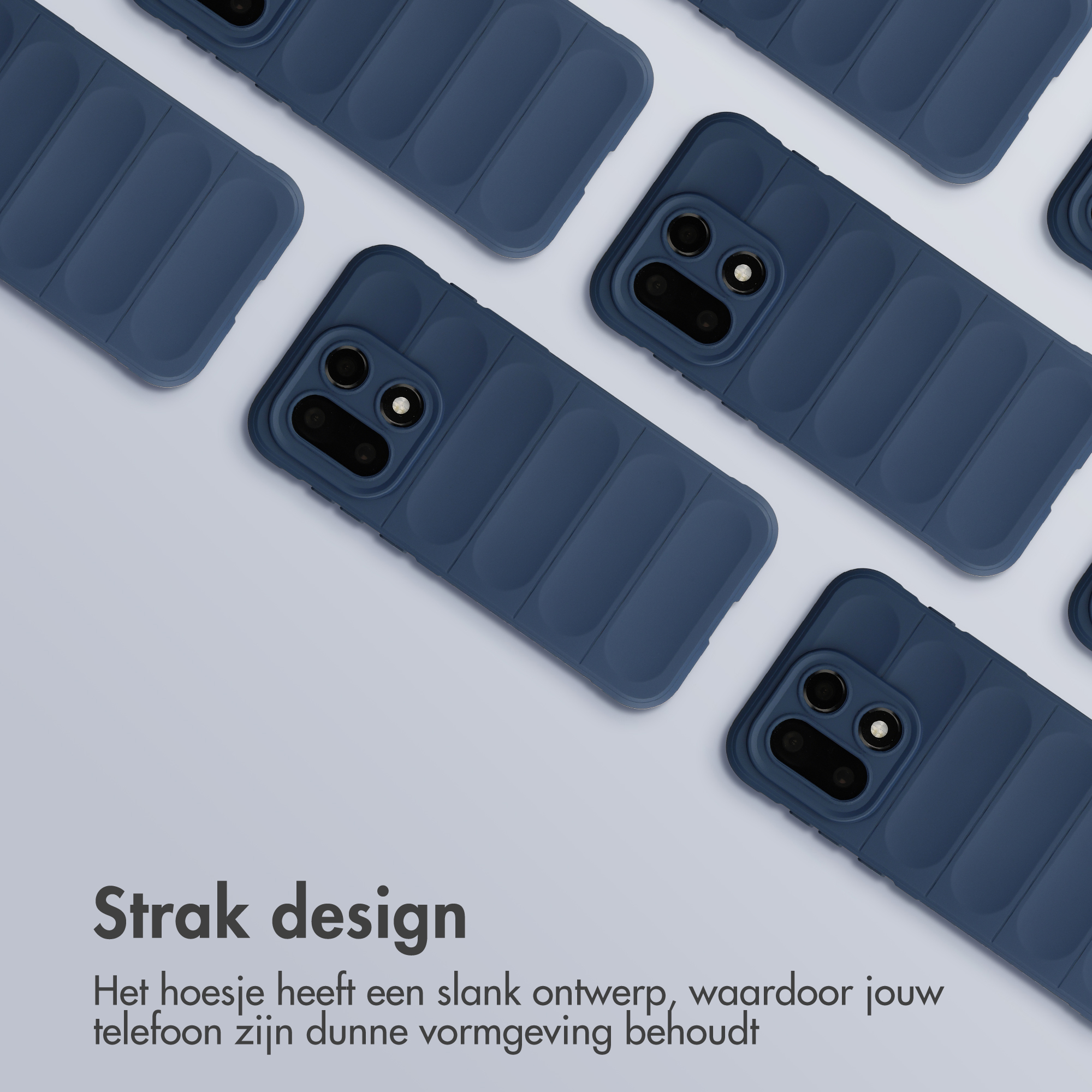 Donkerblauwe telefoonhoesjes met ribbelpatroon, op lichte achtergrond geplaatst.