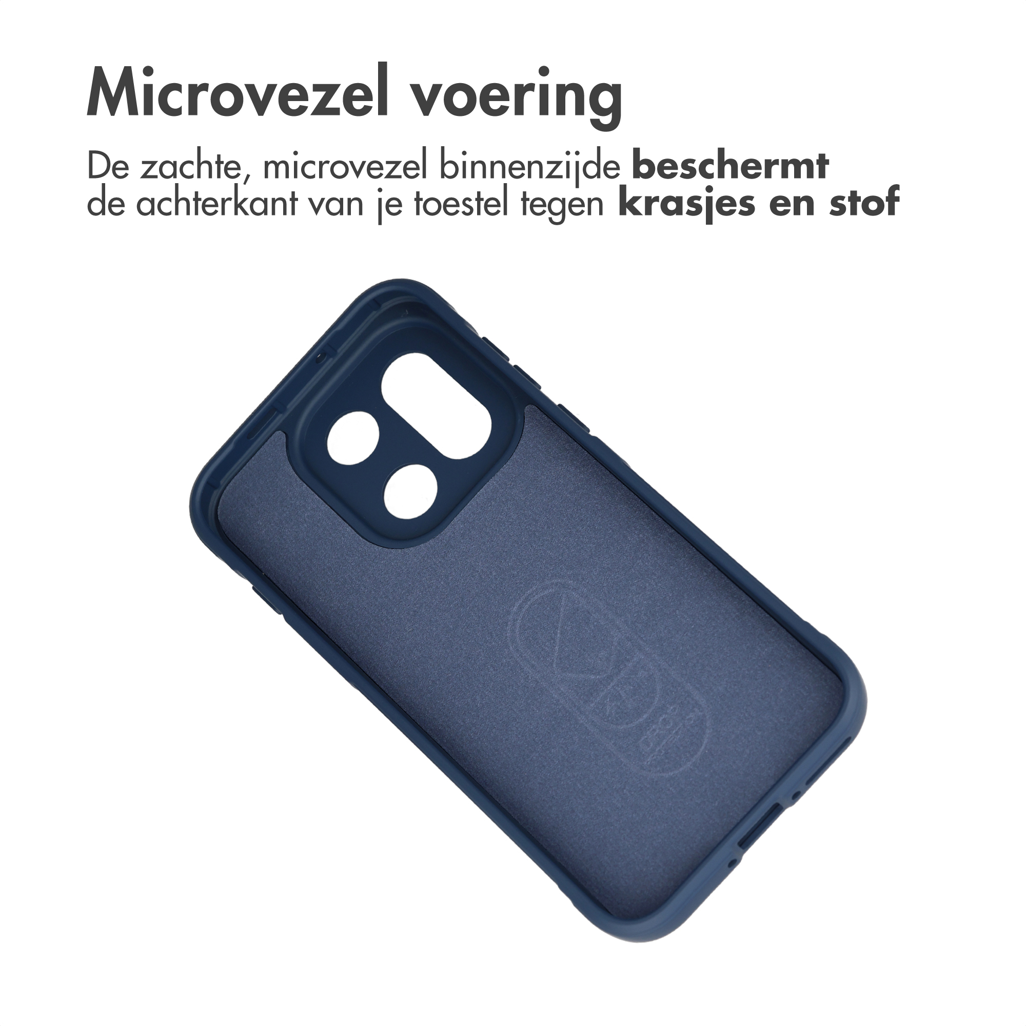 Donkerblauwe telefoonhoes met microvezel voering. Beschermt tegen krassen.