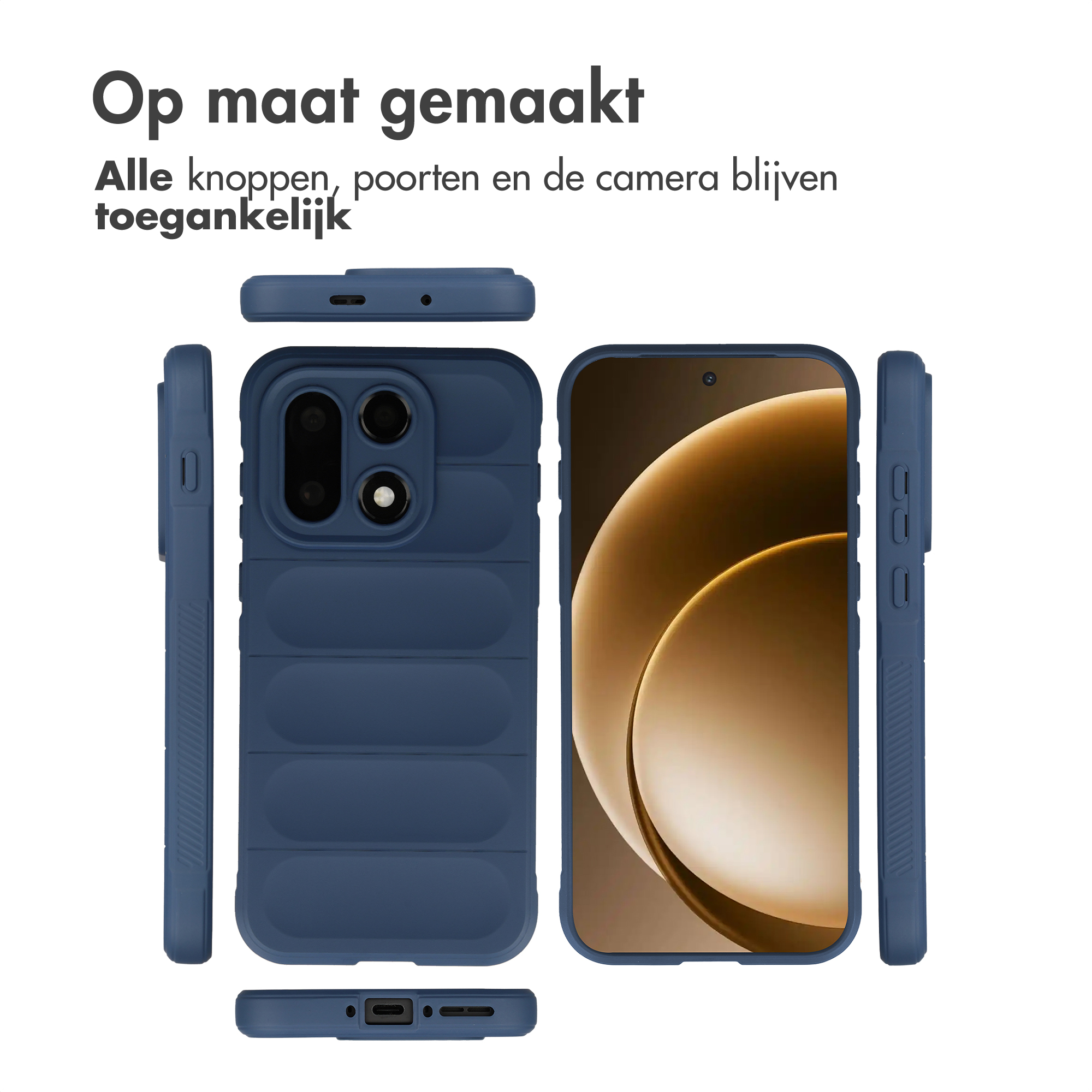 Drie aanzichten van een donkerblauwe telefoonhoes met ribbelpatroon.