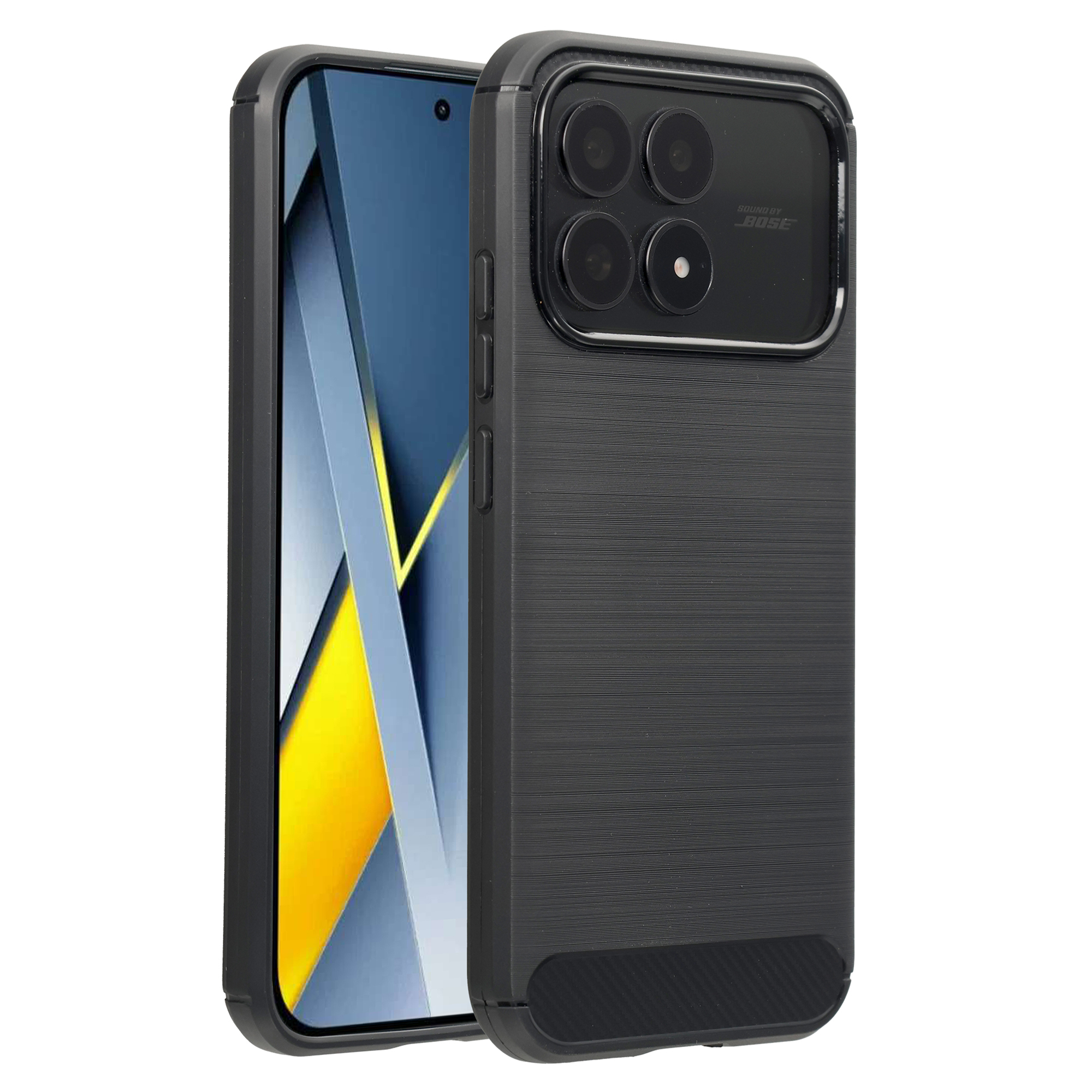 Een zwarte telefoon met vier camera's en Bose-logo, naast een andere telefoon.