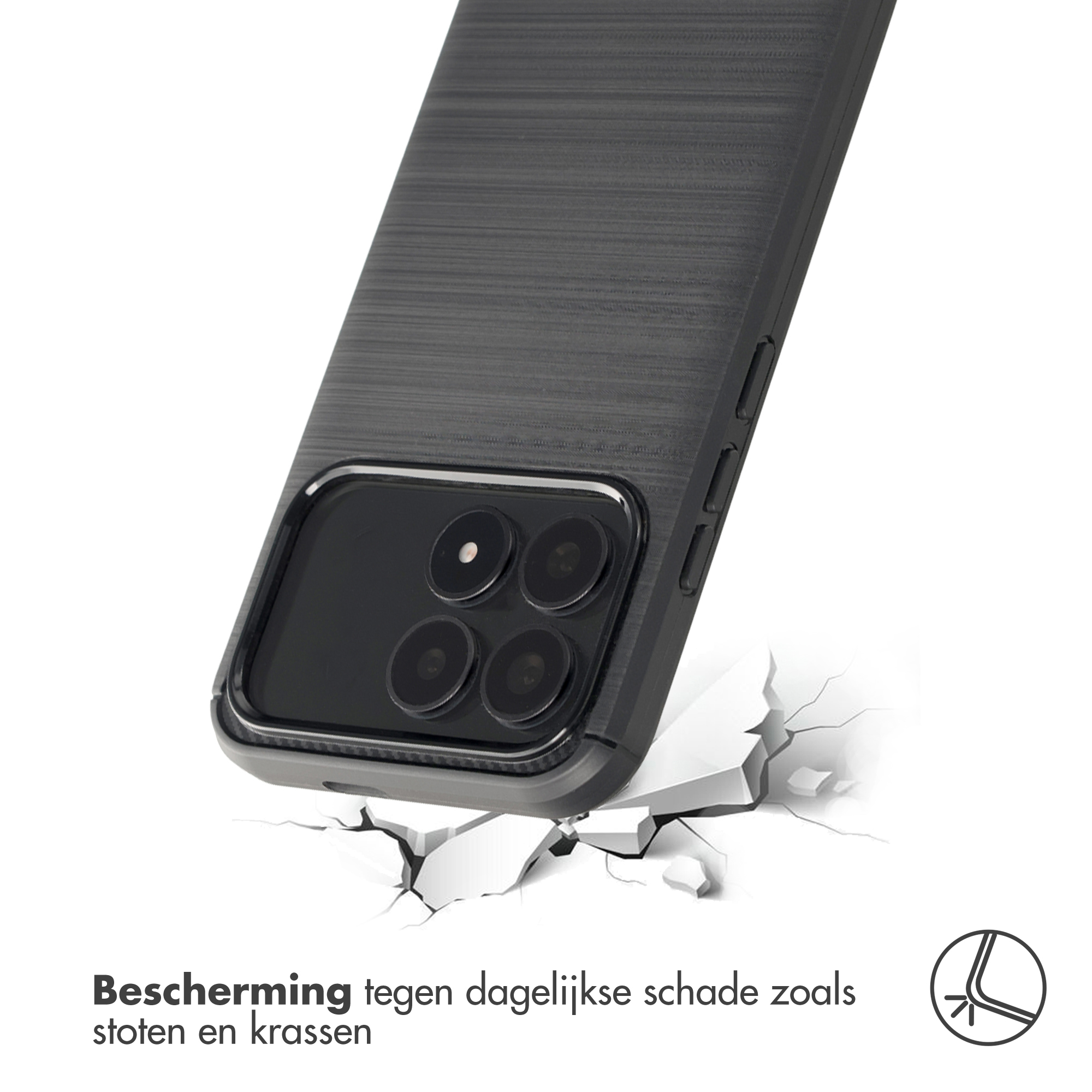 Grijze telefoonhoes met gestructureerd oppervlak valt op gebarsten grond.