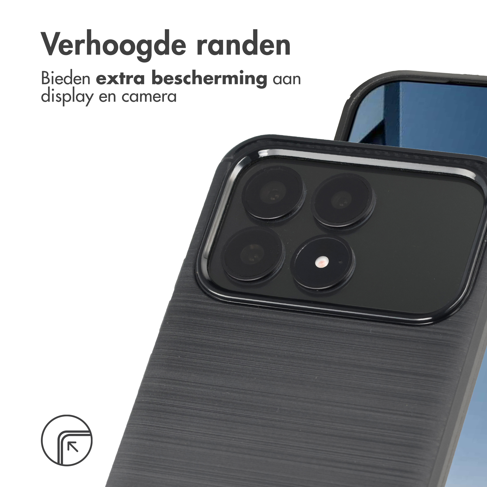 Zwarte telefoon met verhoogde camera en tekst.