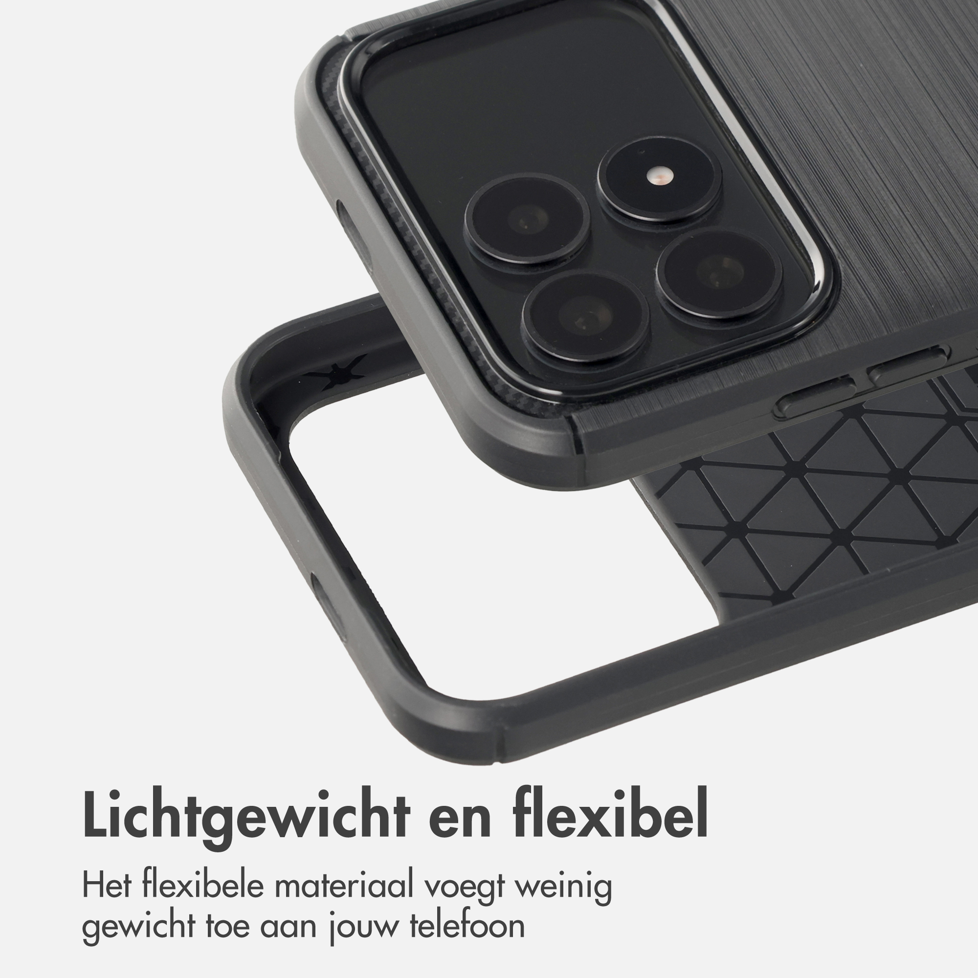 Zwarte telefoonhoes met camerabescherming en ribbelpatroon.