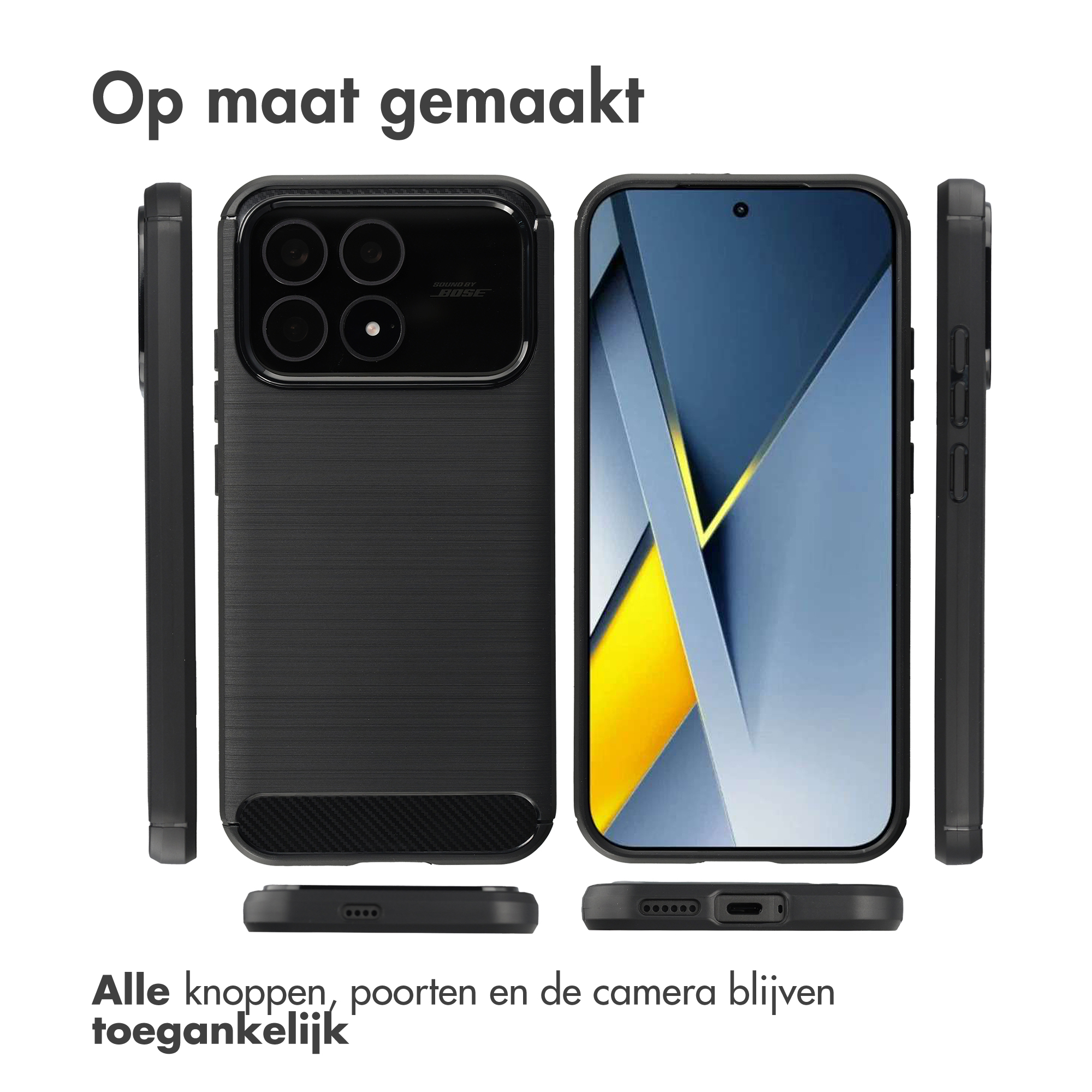 Een zwarte telefoon met hoes wordt van alle kanten getoond.