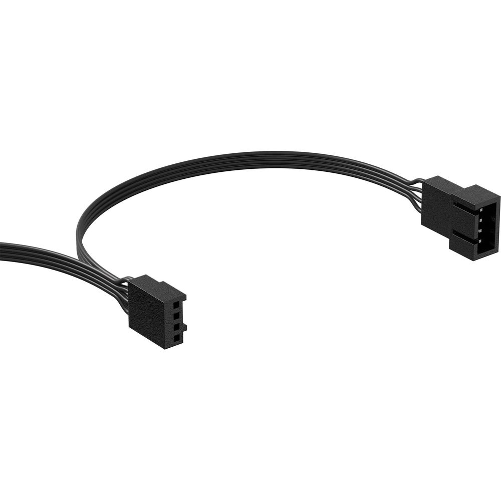 Un câble noir avec deux connecteurs 4 broches sur fond blanc.