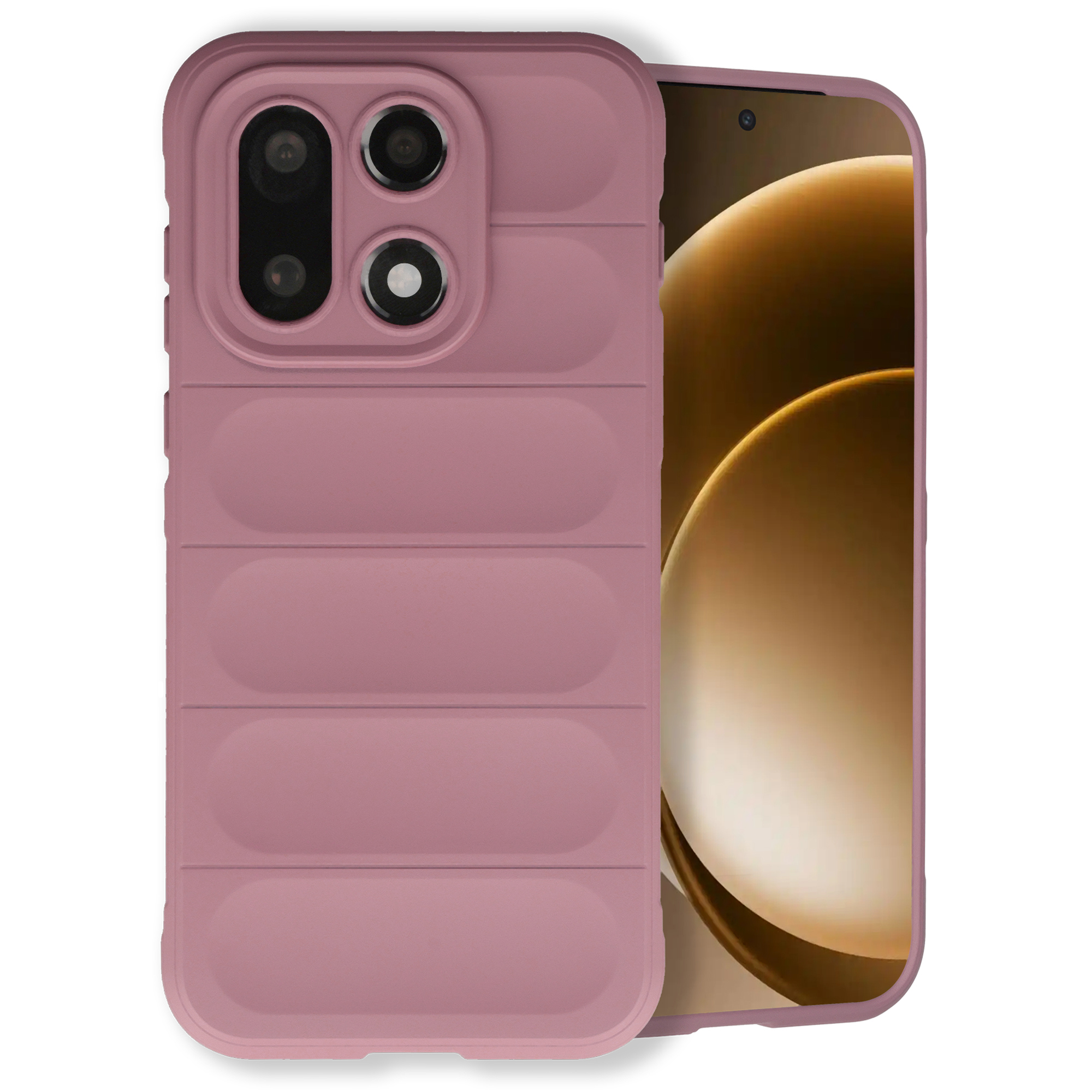 Een roze telefoonhoes met reliëflijnen en een camera-opening.