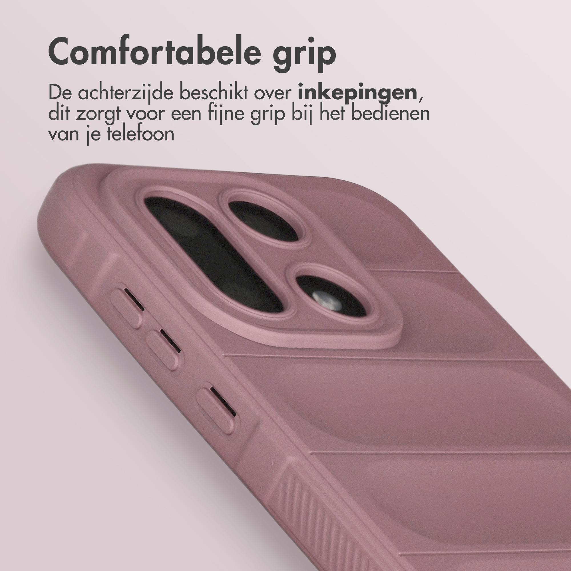 Een roze telefoonhoes met gripinkepingen aan de achterkant.